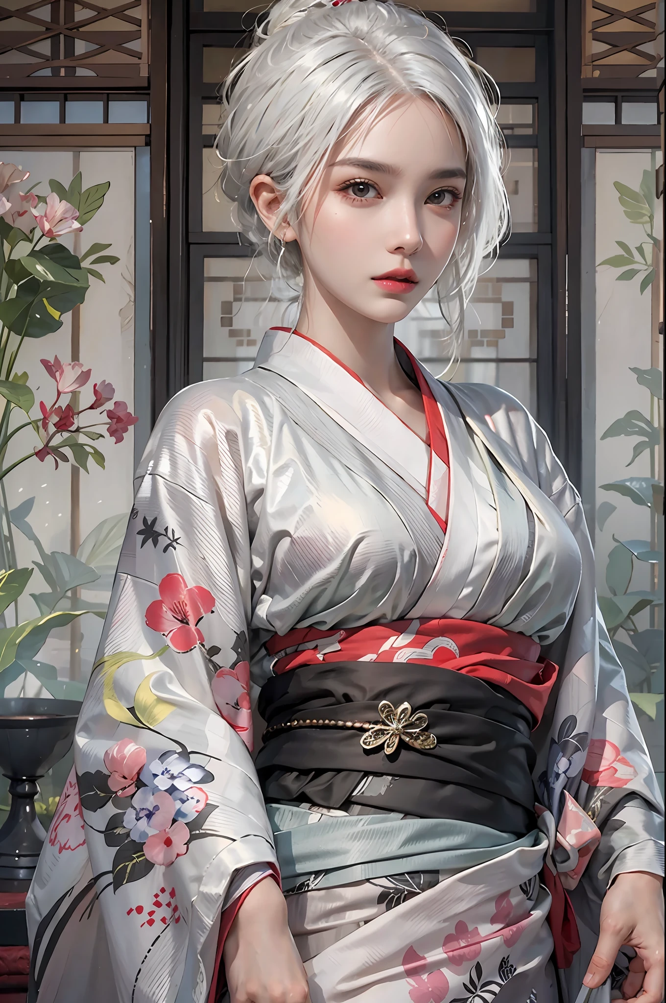 photorealistic, high resolution, 1women, solo, hips up, look at viewer, (detailed face), white hair, kimono, tattoo, jewelry