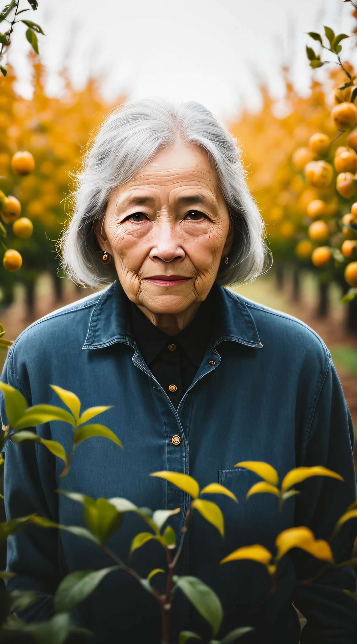 Close-up of an elderly woman with a beard and gray hair,Take a sapling for planting,Background with fruit trees,Tree fum in the orchard,tag,Real history,yellow gradient,black in color,Brown and magenta color scheme,grunge aesthetic!!Soft cinematic light, Adobe Lightroom, Photo Lab, HDR, 复杂, highly detailed, (depth of fields: 1.4), faded, (com cores neutras: 1.2), (HDR: 1.4) , (softcolors:1.2), hyper-detailing, (art stations:1.4), cinematic ligh, warm lights, Dramatic light, (complexdetails:1.1), Complex background, (Rutkowski:0.66), (blue and orange:0.4)