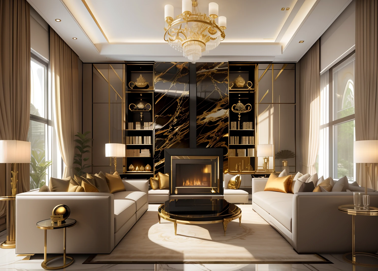 The living room has a fireplace and sofas。, luxurious environment, luxury hd render, placed in a large living room, high resolution product photo, Dramatic ambient lighting, Exceptional, emphasis lighting : : onyx, extremely opulent, Have in the living room, elegant and ornate, luxury condo interior, maximalist sculpted design, maximalist