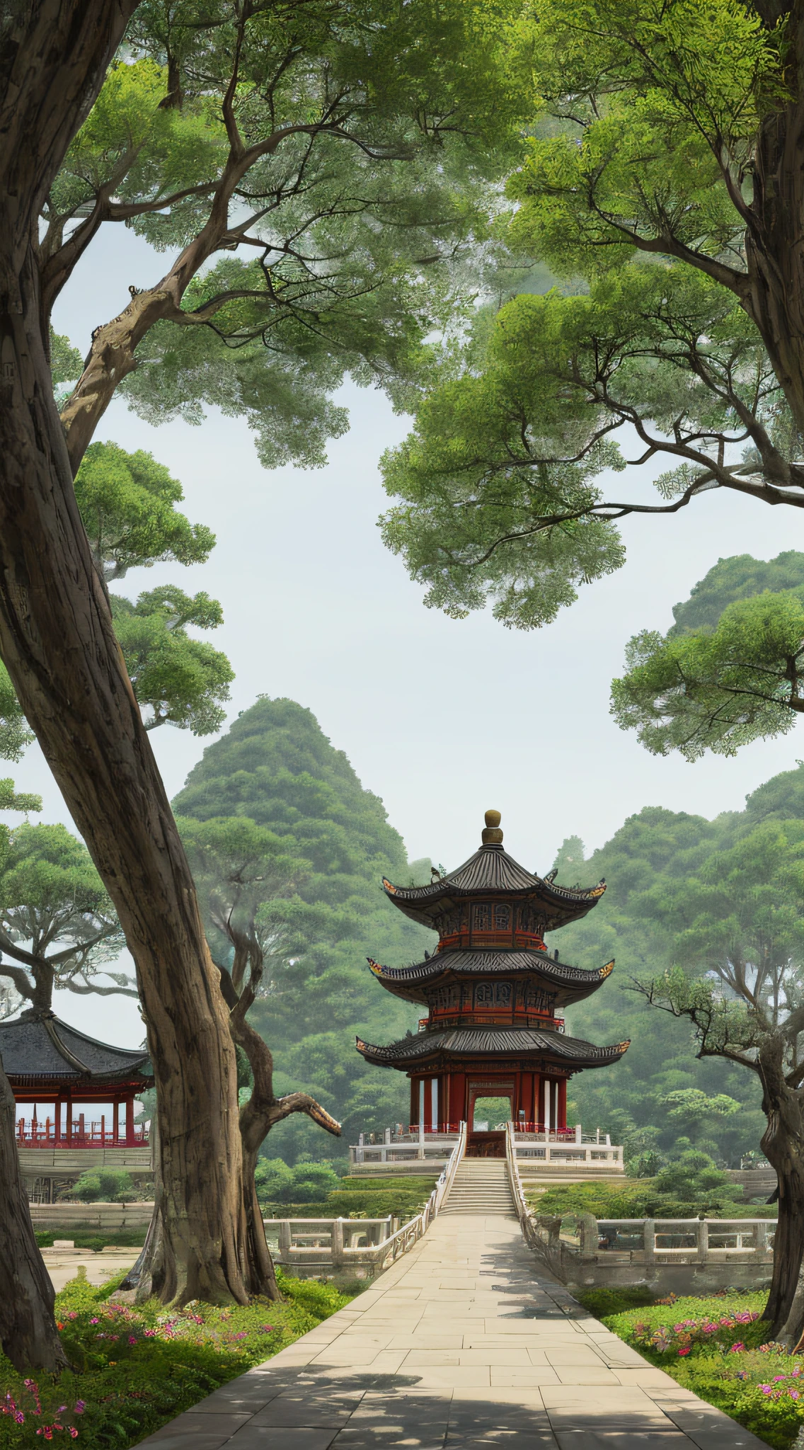 The Hangzhou Pagoda with ancient Chinese aesthetics is surrounded by ancient buildings and temples in the Chinese style, composed of trees and landscape paintings, panoramic views and soft light. Chinese landscape, Chinese watercolor style, (Tang dynasty beautiful rendering + beautiful detailed background: 1.3), floating palace, (beauty contest rendering + 3D rendering style: 0.8), 3D stylized scene, (beautiful landscape rendering + Chinese painting style: 0.9), stylized digital illustration,