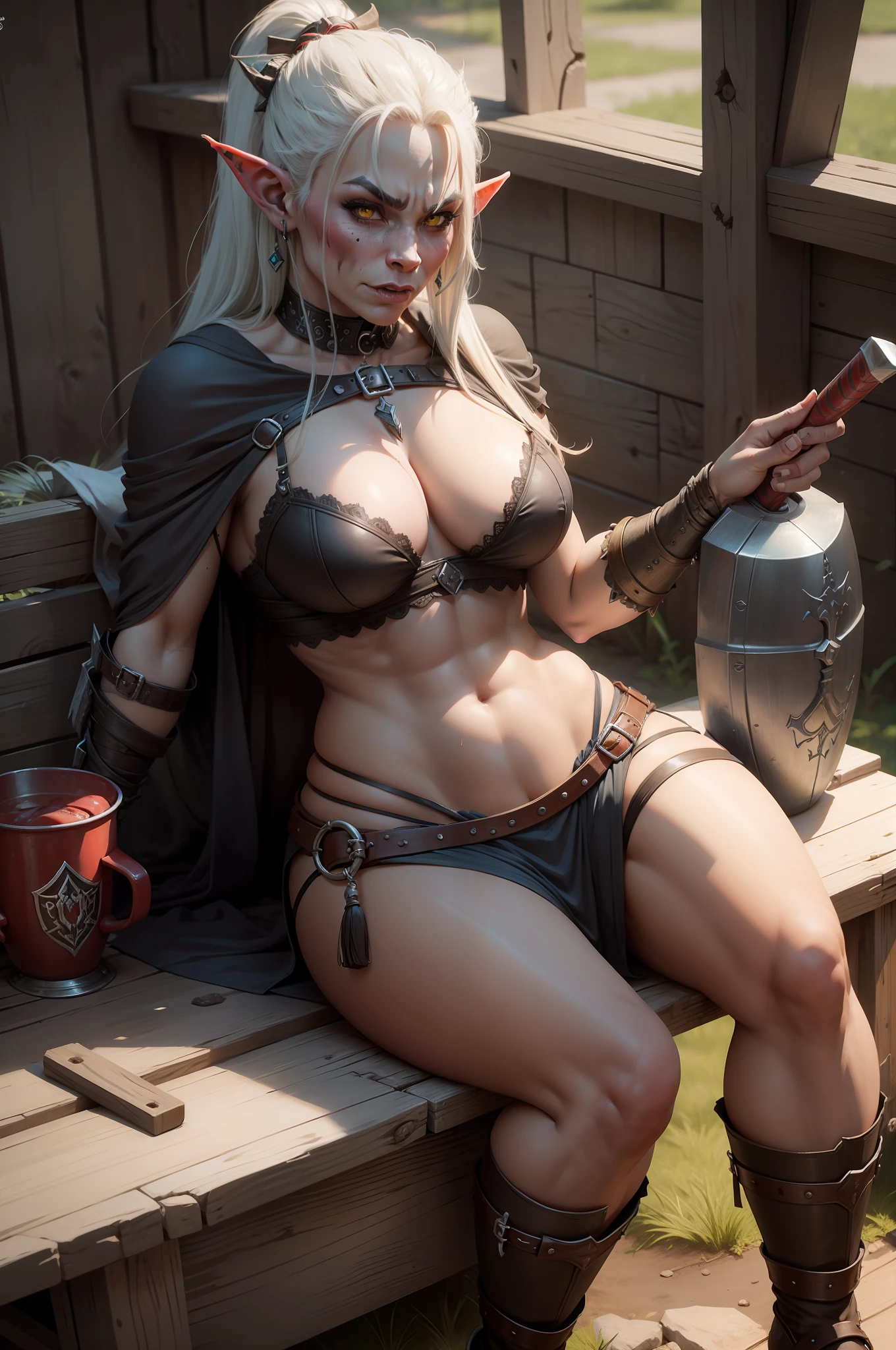 sexy orc female sitting on axe