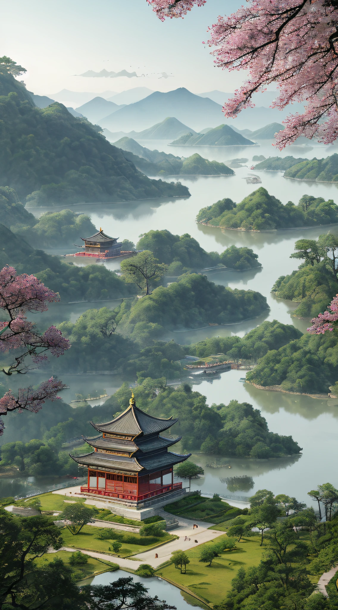 The Hangzhou Pagoda with ancient Chinese aesthetics is surrounded by ancient buildings and temples in the Chinese style, composed of trees and landscape paintings, panoramic views and soft light. Chinese landscape, Chinese watercolor style, (Tang dynasty beautiful rendering + beautiful detailed background: 1.3), floating palace, (beauty contest rendering + 3D rendering style: 0.8), 3D stylized scene, (beautiful landscape rendering + Chinese painting style: 0.9), stylized digital illustration,