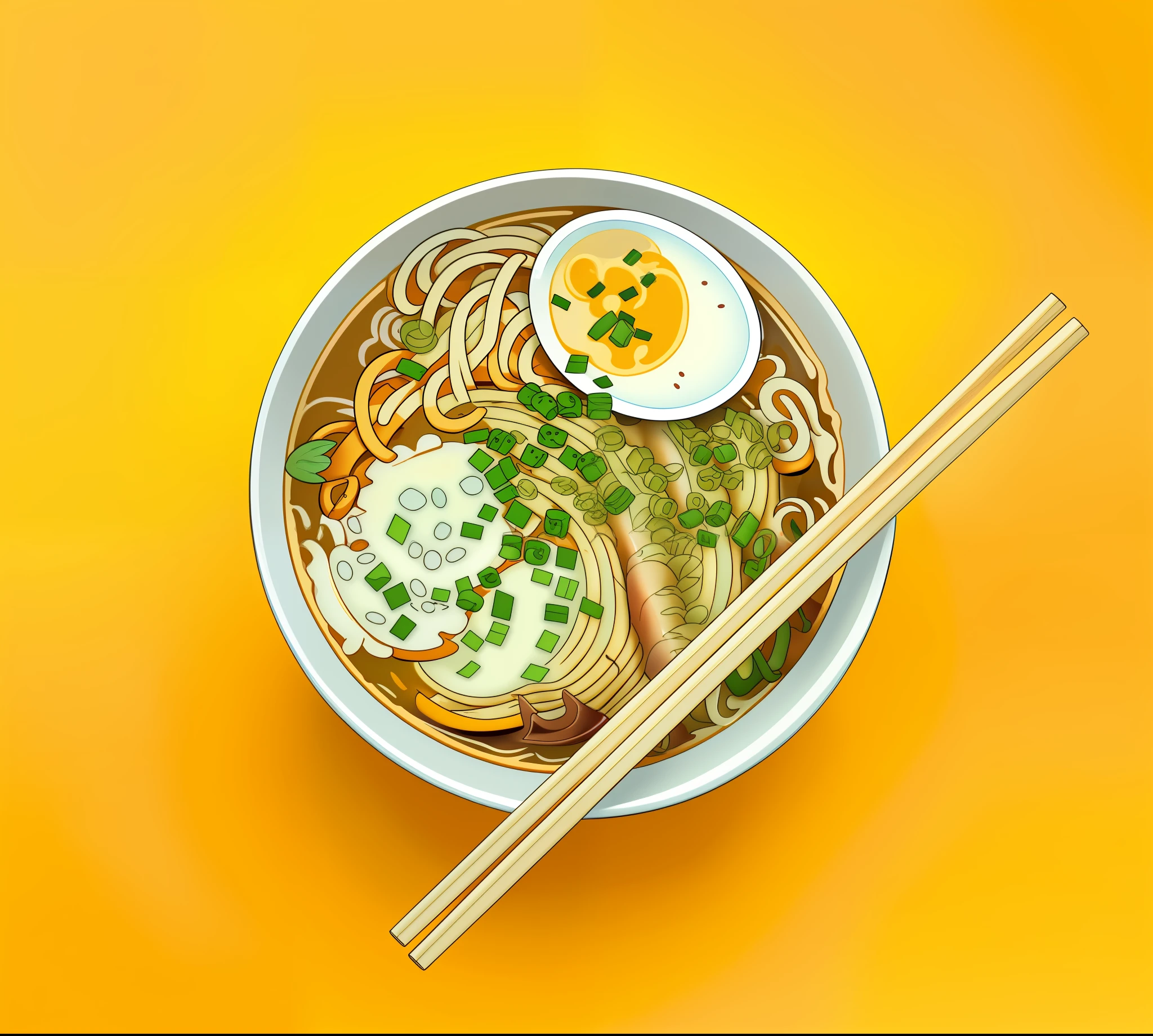 Close-up photo of a delicious bowl of ramen on a kitchen table, detailed illustration, dibujos animados, al estilo de GravityFalls,