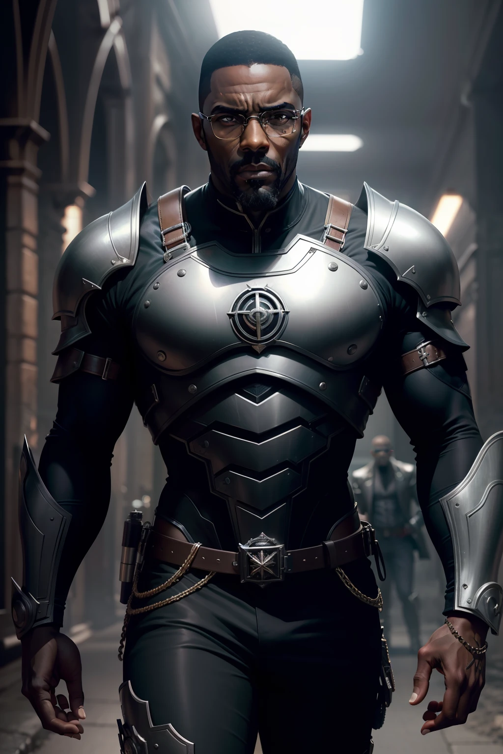 idris elba face, malcolm-x glasses, dark fantasy, rock-ballads, black man, brown skin, homem quarenta anos, wearing a black mechanical suit, intrincado, (steel black metal), elegante, obra-prima, ((rua)), dark light, rounded face