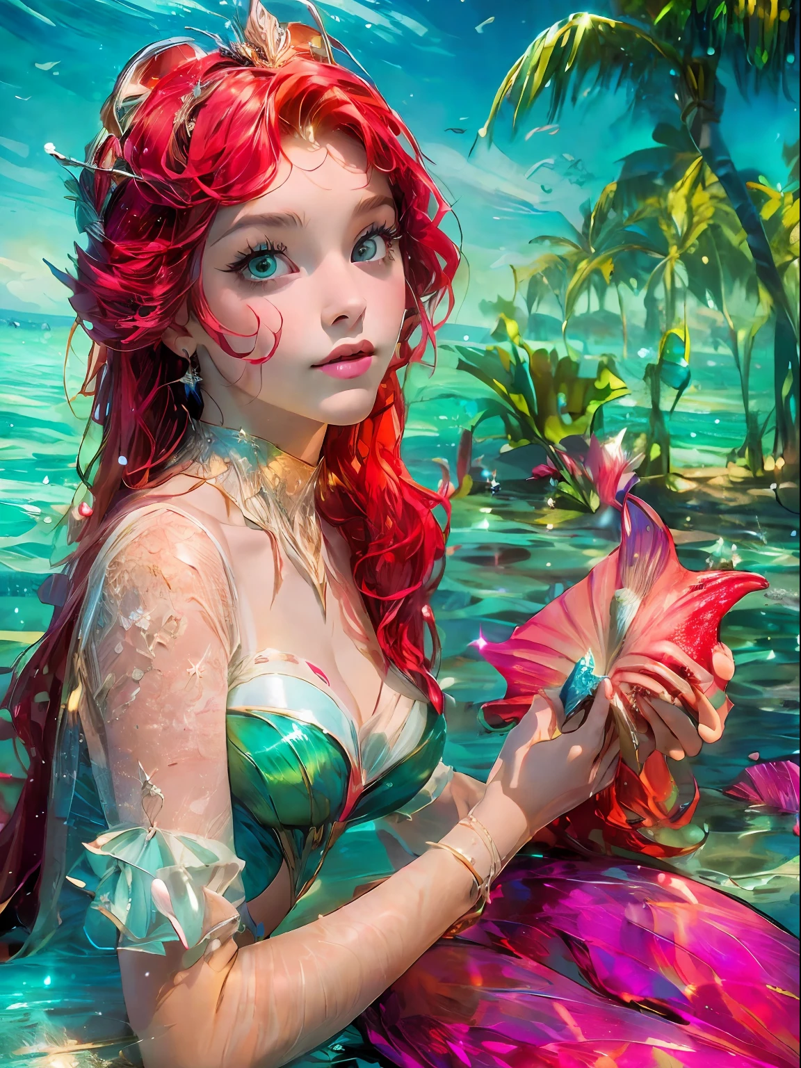 HighestQuali,tmasterpiece:1.2,Detailed details,A -yeld wo dressed up as a portrait of Ariel the Little Mermaid of Disney,Exquisite facial features,She held a starfish in her hand,She sits by the sea,There is foam everywhere