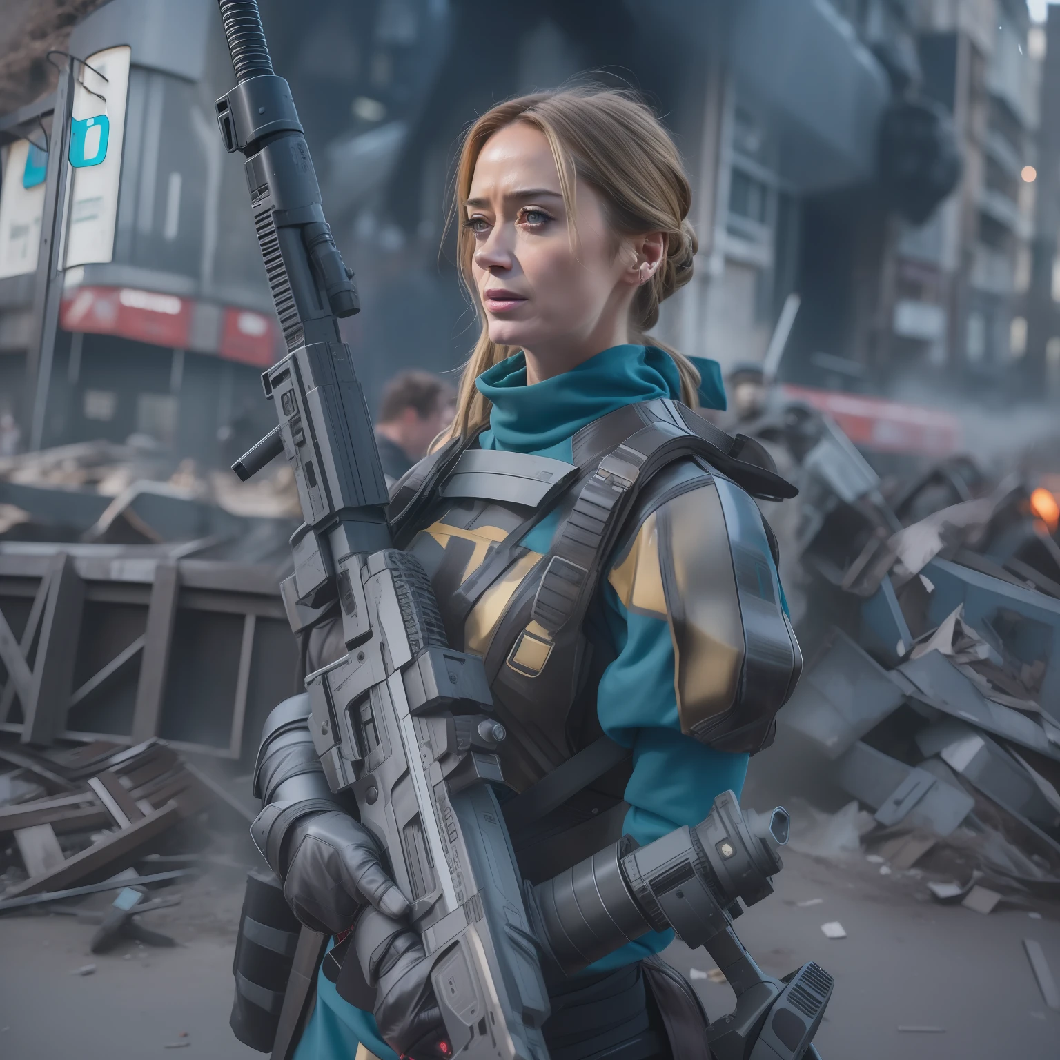 Emily Blunt (Dutch braided hair) in Evangelion armor behind a barricade, carrying a laser assault rifle in his hands, dinamic poses, olhar serio, Combates intensos, foto de corpo inteiro, Cyberpunk, mega tokyo, Fires and smoke, Nokia camera, modelshoot, corpo atletico, Post-apocalyptic Paris, Eiffel Tower destroyed