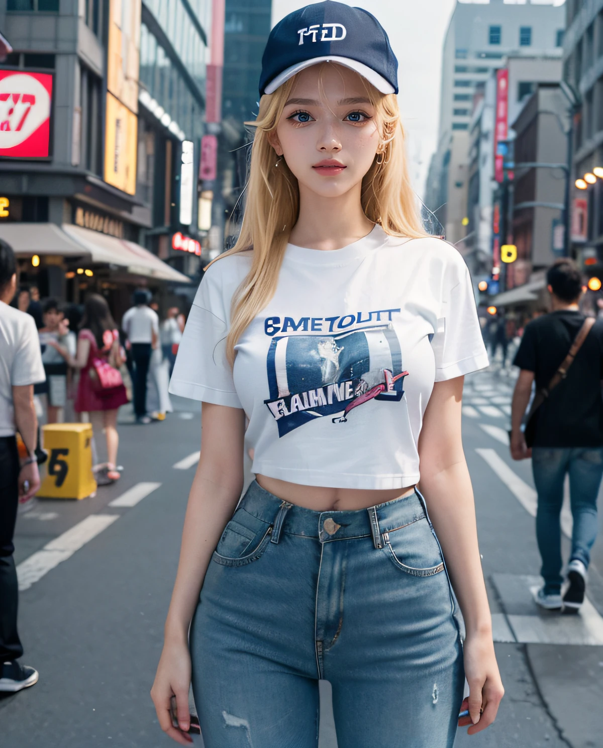 1girl, (Blue Eyes), cute smile, (Sana Minatozaki), wide hips, Big Boobs, big ass, (Best Quality, 8k, Masterpiece: 1.3)) ), Clear Focus: 1.2, Perfect Body Beauty: 1.4 , Slender Abs: 1.2, Wet Body: 1.5 , Highly detailed face and skin texture, detailed eyes, double eyelids, (long blonde hair), (sport cap), (ps5 t-shirt :1.4), (jean pants), (high heels), akihabara street, illuminated with signs