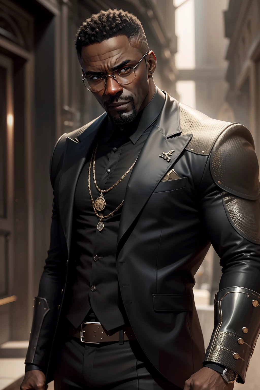 idris elba face, malcolm-x glasses, dark fantasy, rock-ballads, black man, brown skin, homem quarenta anos, wearing a black mechanical suit, intrincado, (steel black metal), elegante, obra-prima, ((rua)), dark light, rounded face