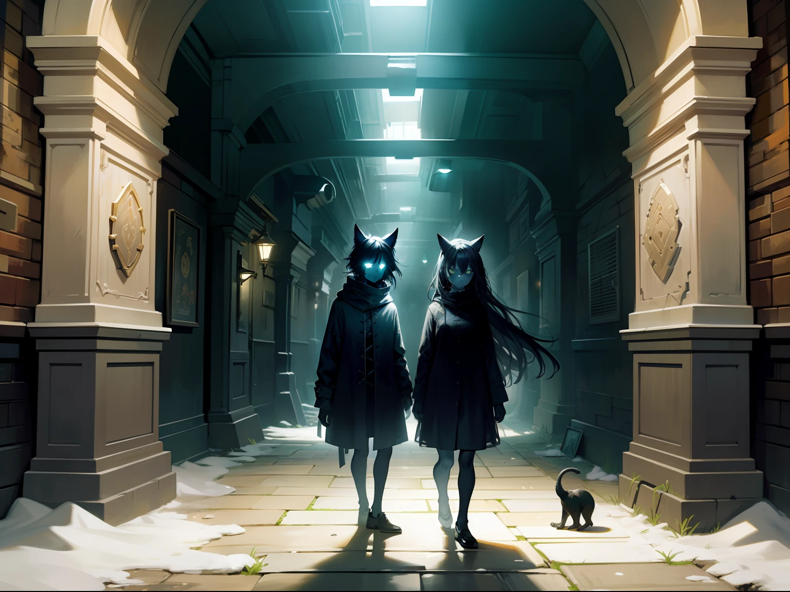 A dark and frightening alley at night, envolto em uma atmosfera aterrorizante, It's the scene of mysterious cats gathering around. O desgastado, Dirty walls of the alley seem to whisper dark secrets as the darkness of the night intensifies. Os gatos, com seus olhos brilhantes e penetrantes, They look at the observer with an aura of mystery and danger. Suas silhuetas se fundem perfeitamente com as sombras, creating an oppressive and chilling sensation. In this sinister scenario, Cats become the silent guardians of this haunted alley, ready to protect their territories and face any threat that dares to cross their path, gothic horror vibes, arte de fantasia de terror, cores mortas, remodele o rosto dos personagens