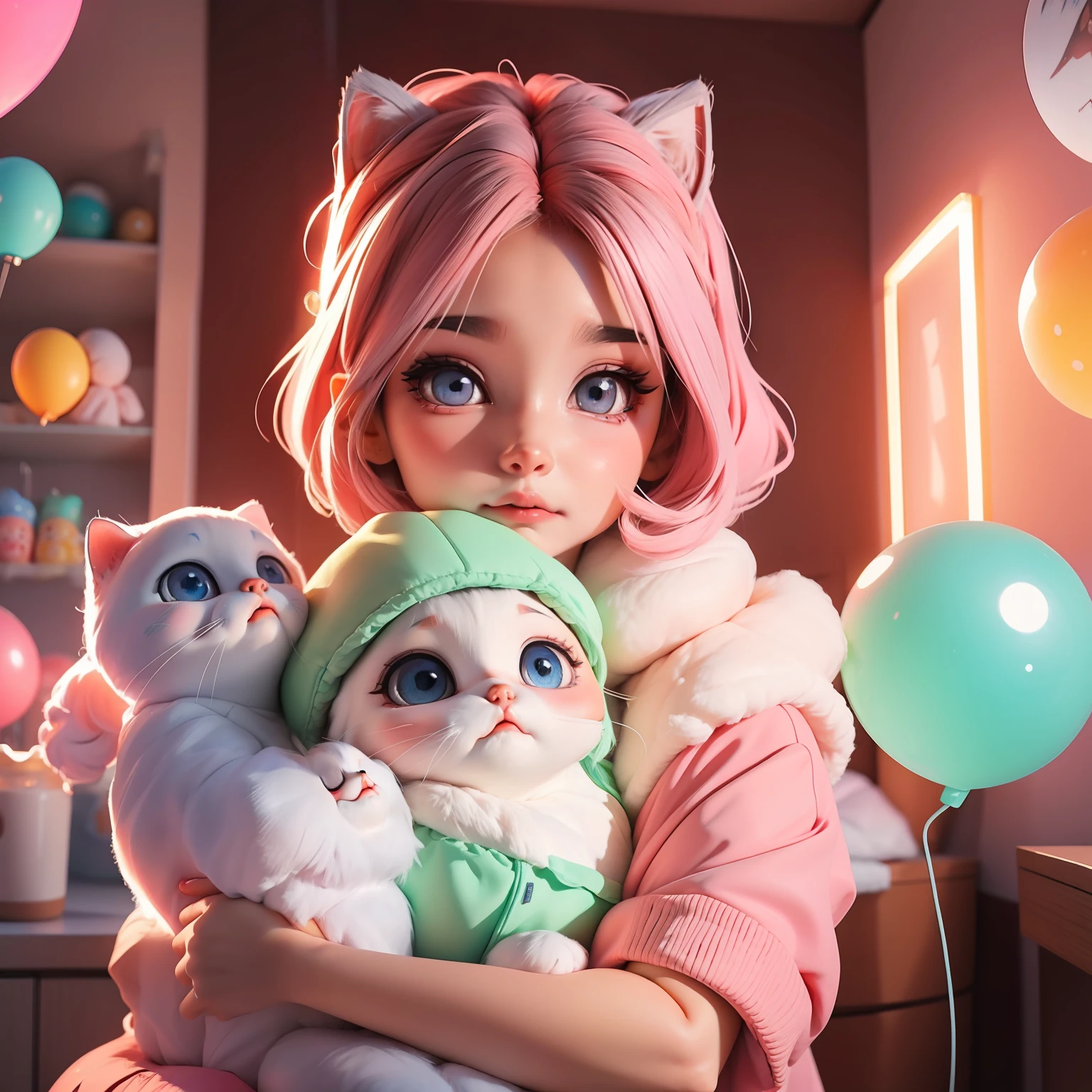 arte anime, uma menina, com cabelo longo cor-de-rosa, olhos azuis, olhos tristes e brilhantes, beautiful  lighting, high-quality illustration, a kitten in his arms cute and with big, cute eyes, Beautiful hearts in neon lights, brilhos por toda a parte, lindas borboletas azuis pastel. soap bubbles