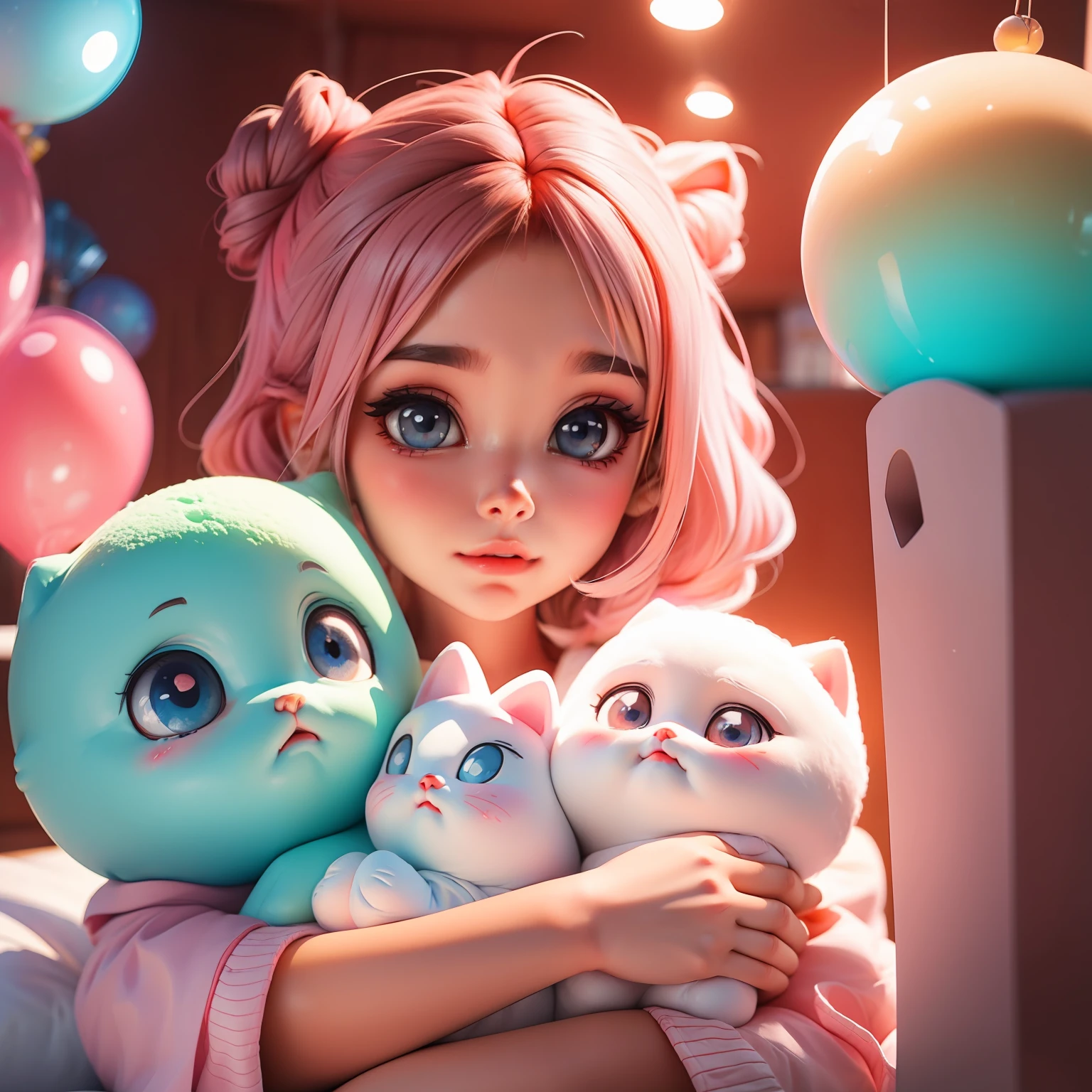 arte anime, uma menina, com cabelo longo cor-de-rosa, olhos azuis, olhos tristes e brilhantes, beautiful  lighting, high-quality illustration, a kitten in his arms cute and with big, cute eyes, Beautiful hearts in neon lights, brilhos por toda a parte, lindas borboletas azuis pastel. soap bubbles