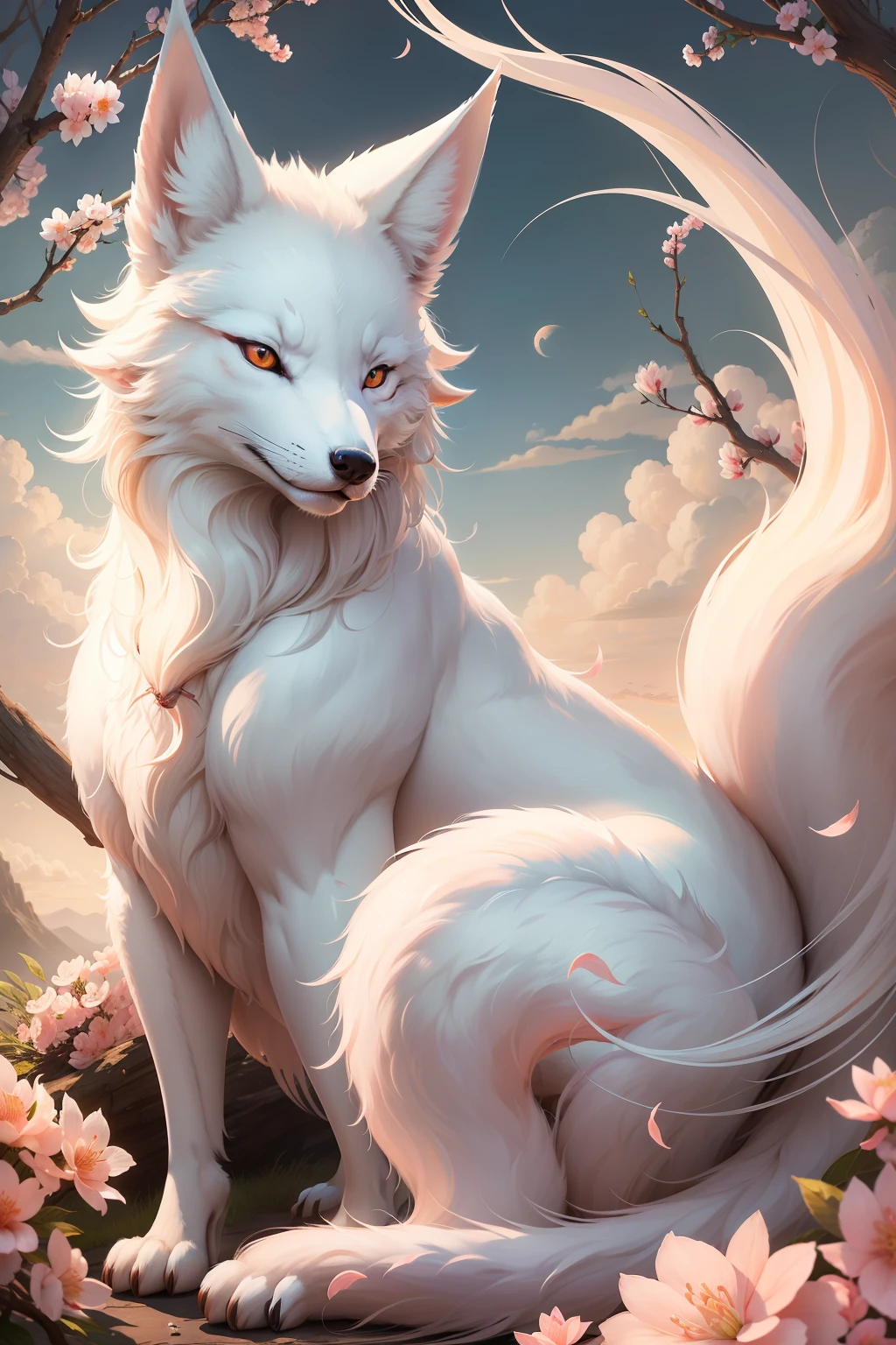 Nine-tailed white fox of Qingqiu, peach blossom forest, magnificent clouds, fantasy, art print. --ar 3:4 --niji 5