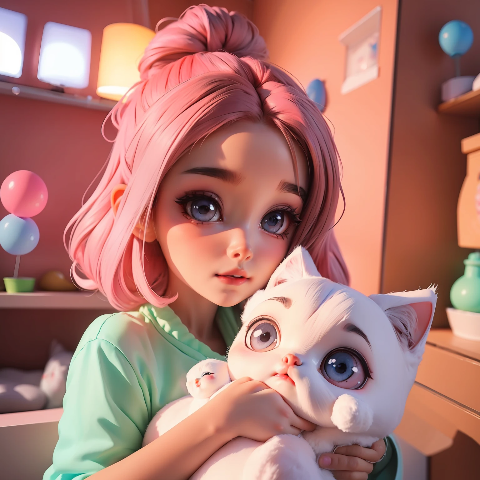 arte anime, uma ******, com cabelo longo cor-de-rosa, olhos azuis, olhos tristes e brilhantes, beautiful  lighting, high-quality illustration, a kitten in his arms cute and with big, cute eyes, Beautiful hearts in neon lights, brilhos por toda a parte, lindas borboletas azuis pastel. soap bubbles