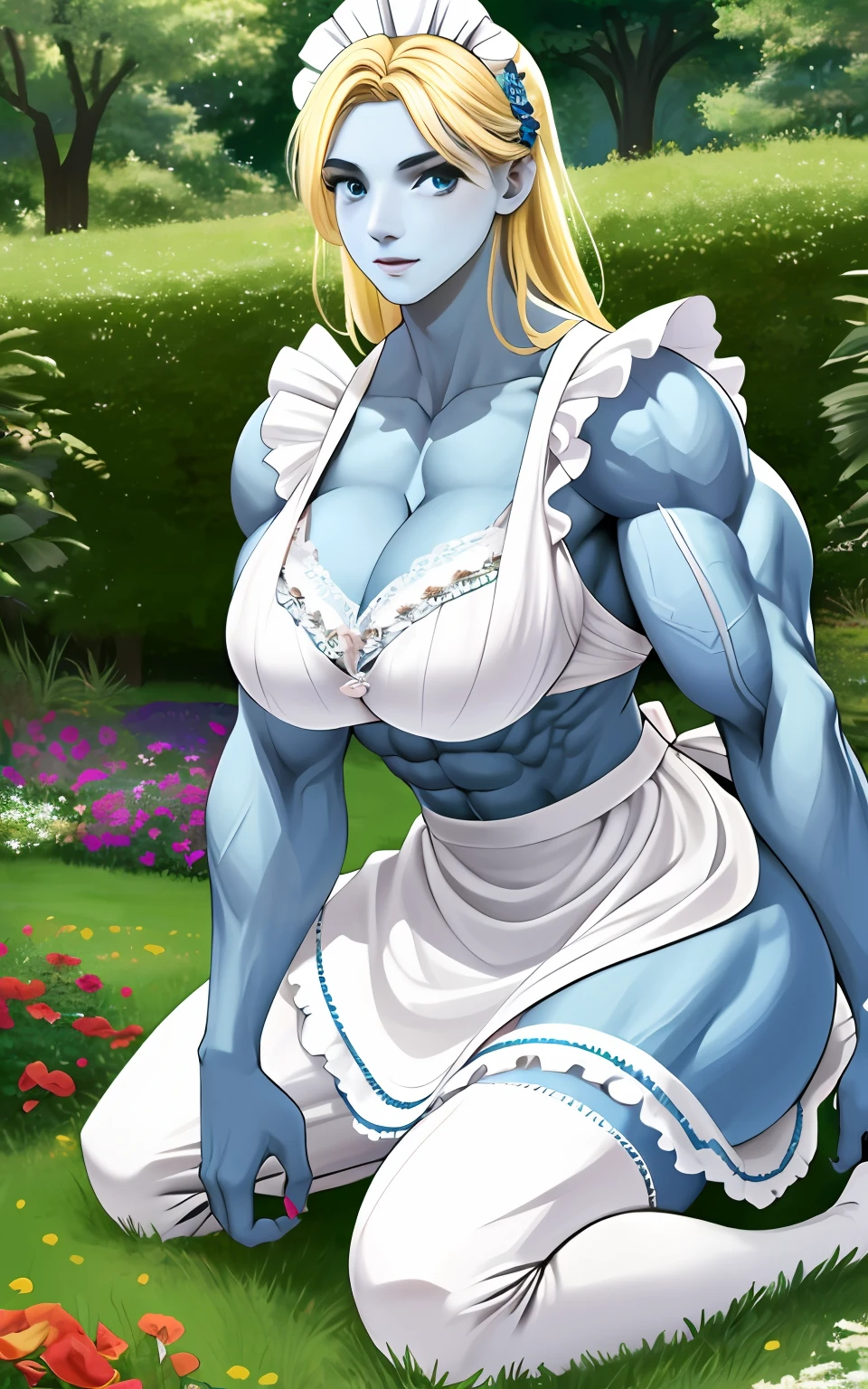 (1girll), huge , Breonque, Moisturizes skin, ,trpical garden ,  Maid outfit， teens girllistic illumination，top Quority，8K，tmasterpiece,Muscular female,Muscular,Abs,(Blonde hair), (Blue skin:1.4),Claws,Kneeling pose