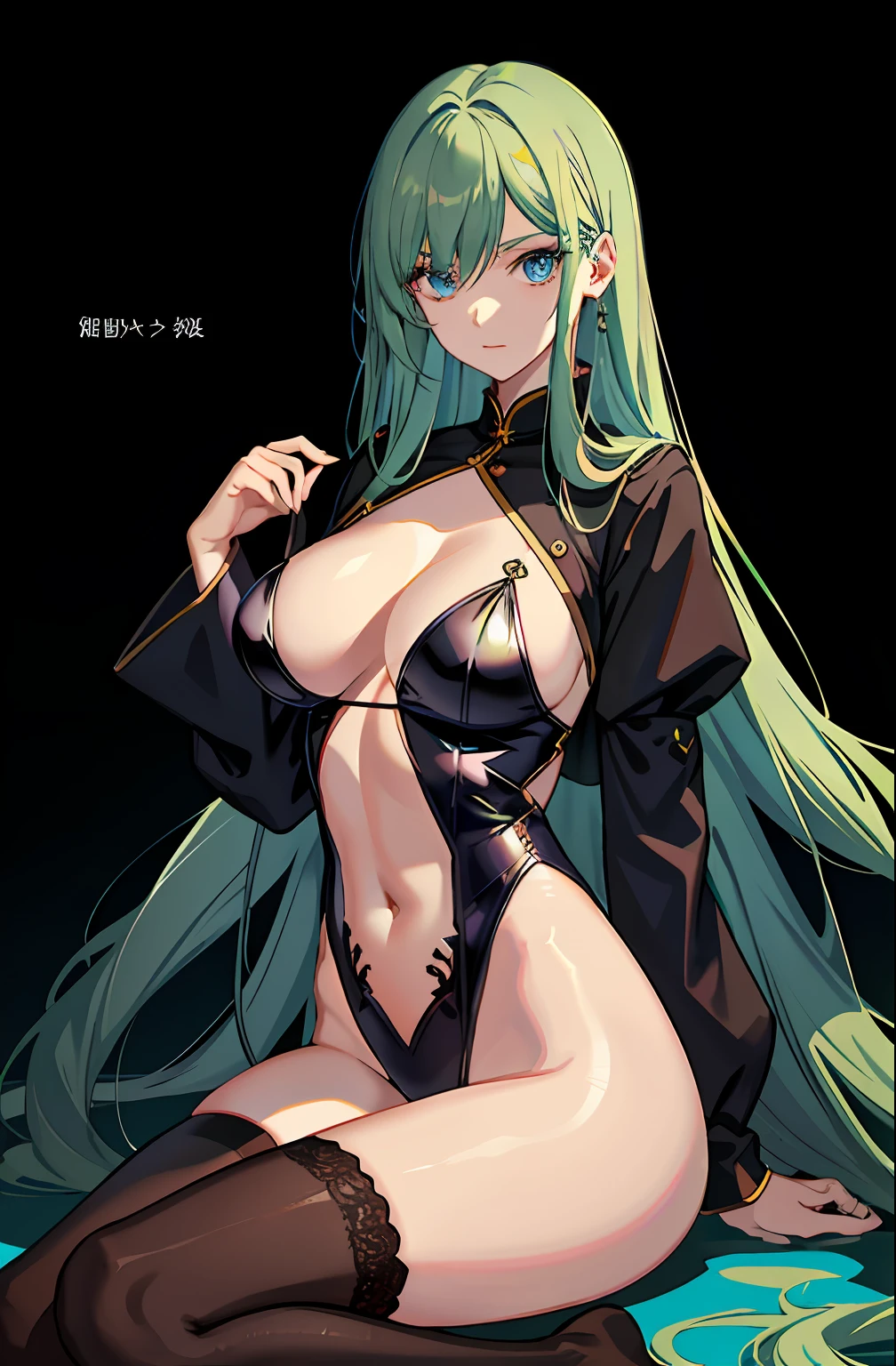 Kizi, highr, Concealed arm, Blue_and_Green hair, Detailed beautiful eyes, blacksilk,High Root,navy blue eyes, evilsmile, medium boob, Open navel,Bigchest ,Big breasts Thin waist,medium thigh,fleshy legs, Long legs,校服, Japan School Uniform,JK school uniform,Long black stockings, Detailed clothes, tmasterpiece