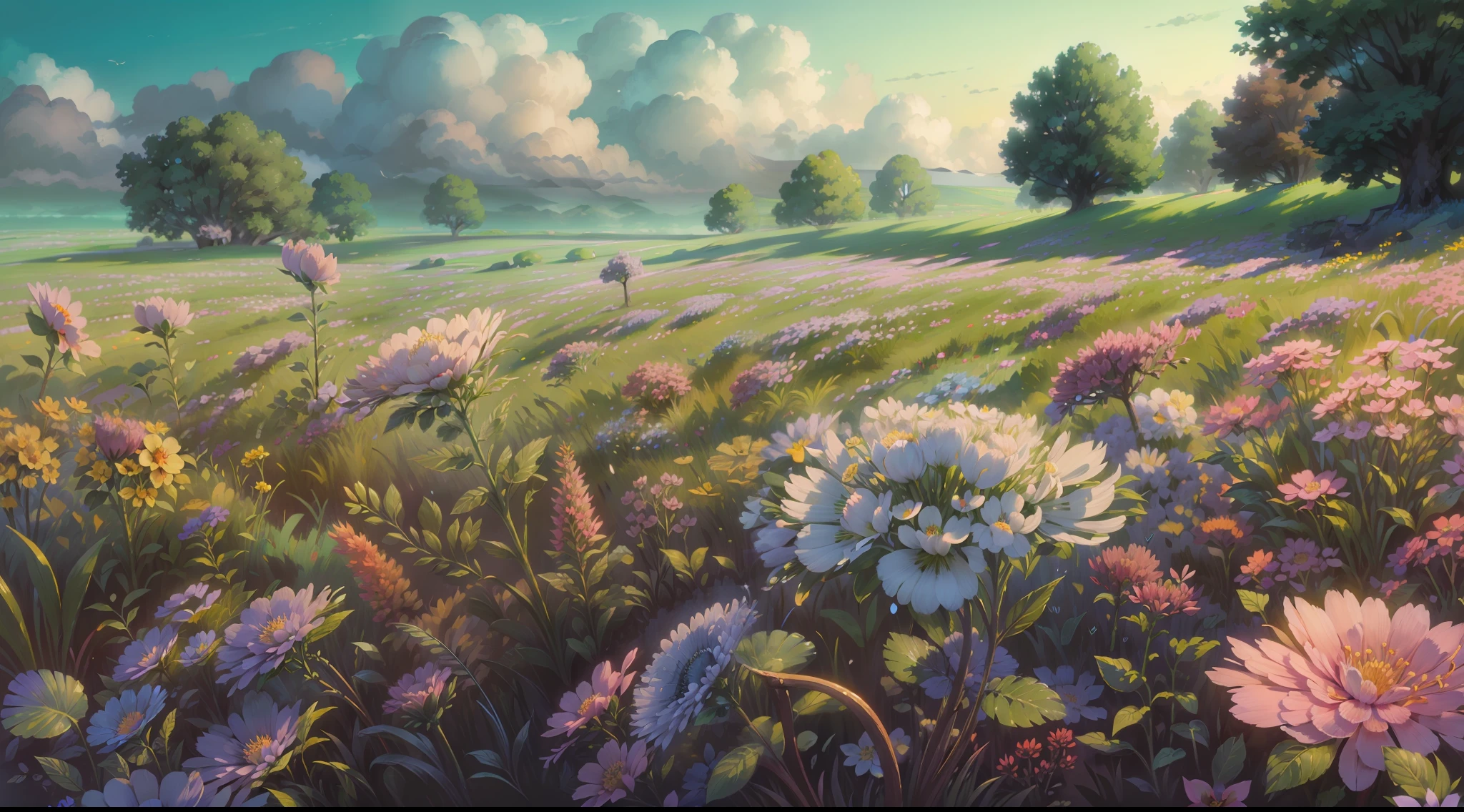summer morning after the rain, beautiful flowers field, blue sky with big clouds, breezing wind breezing the tree leaves, a fresh beautiful charming morning, with fantasy sky, ray tracing, cinematic, high quality, 4k resolution, ultra detailed, beautiful birds, tree, wet flowers, and sunny morning of summer with wind, focus on the flowers field
