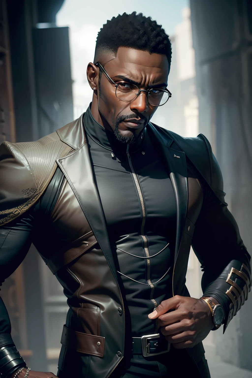 idris elba face, malcolm-x glasses, dark fantasy, rock-ballads, black man, brown skin, homem quarenta anos, wearing a black mechanical suit, intrincado, (steel black metal), elegante, obra-prima, ((rua)), dark light, rounded face