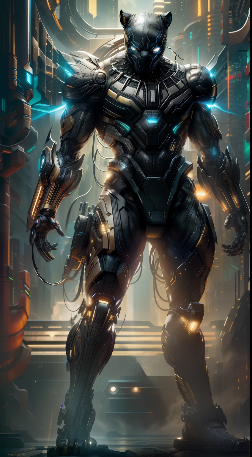 Black panther from Marvel photography, biomechanics, complex robots, gold, full growth, hyper-realistic, crazy little details, incredibly clean lines, cyberpunk aesthetic, masterpiece featured on Zbrush Central