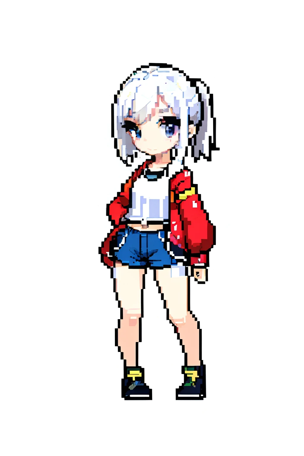 (tmasterpiece,top Quority,best qualtiy),pix,pixelart,1girl,full bodyesbian,By bangs, cropped shoulders, Red head rope, denim short, Keep one's mouth shut, Clothing cutting,Red coat, White sweatshirt, short detailed hair, longer sleeves, looking at viewert, Black eyes,White hair,Shoulder cutouts,simple backgound,A high resolution,revealing her belly,pony tails