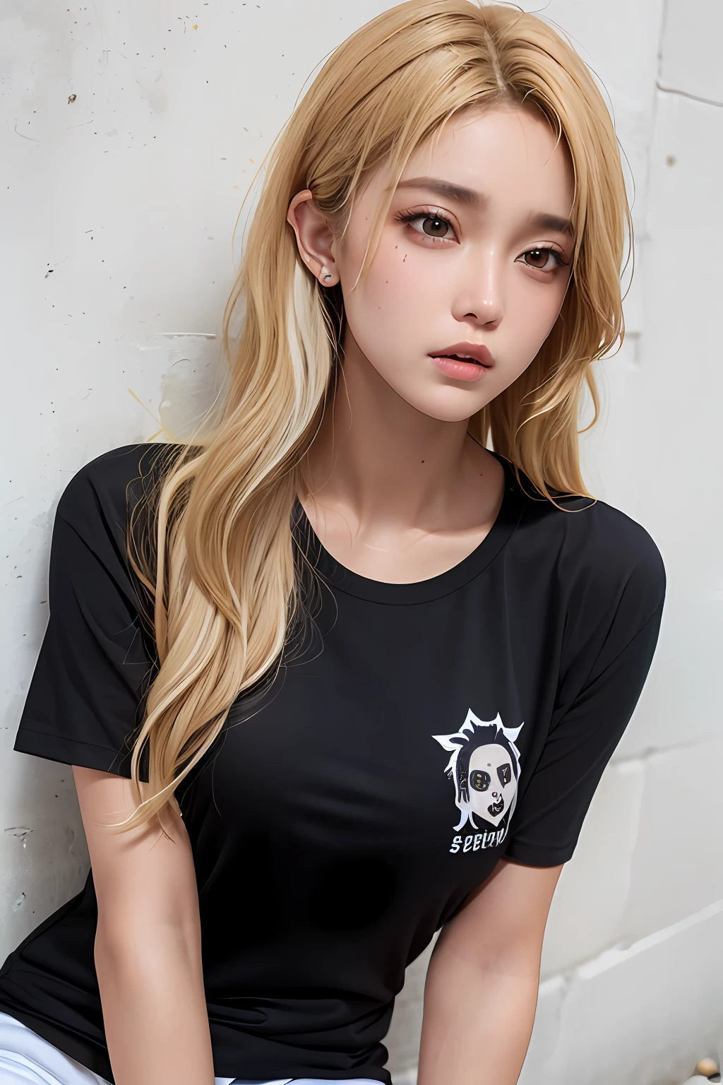 (1girl), tan, dewy skin, sweaty skin, wavy blonde hair, punk tshirt, punk girl