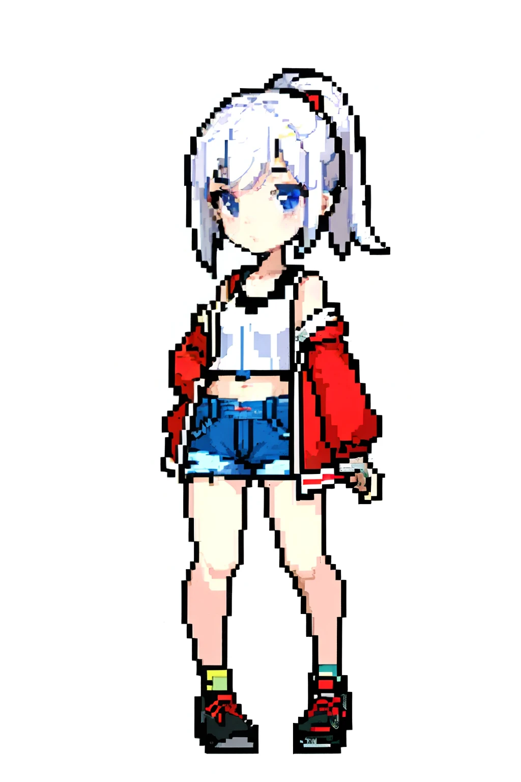 (tmasterpiece,top Quority,best qualtiy),pix,pixelart,1girl,full bodyesbian,By bangs, cropped shoulders, Red head rope, denim short, Keep one's mouth shut, Clothing cutting,Red coat, White sweatshirt, short detailed hair, longer sleeves, looking at viewert, Black eyes,White hair,Shoulder cutouts,simple backgound,A high resolution,revealing her belly,pony tails