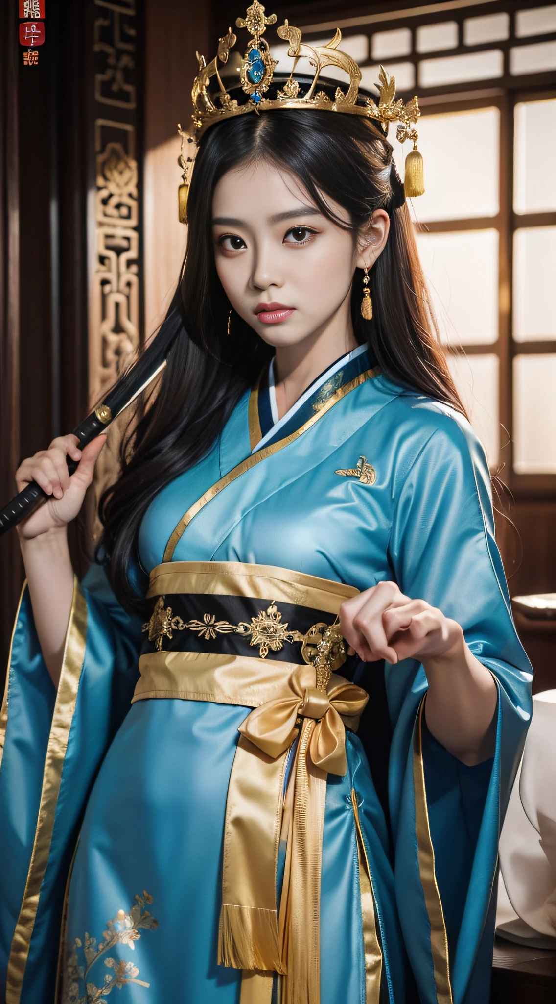 one-girl,Chinese female emperor temperament,Raised sexy,holding a longsword,Black gorgeous Hanfu,Long brown hair,Gold phoenix crown tiara,Simple environment,ancient wind,Blue eye pupils,Meticulous facial features,mixed race,High temperament and coldness,4k高清,cinematric light,meticuloso