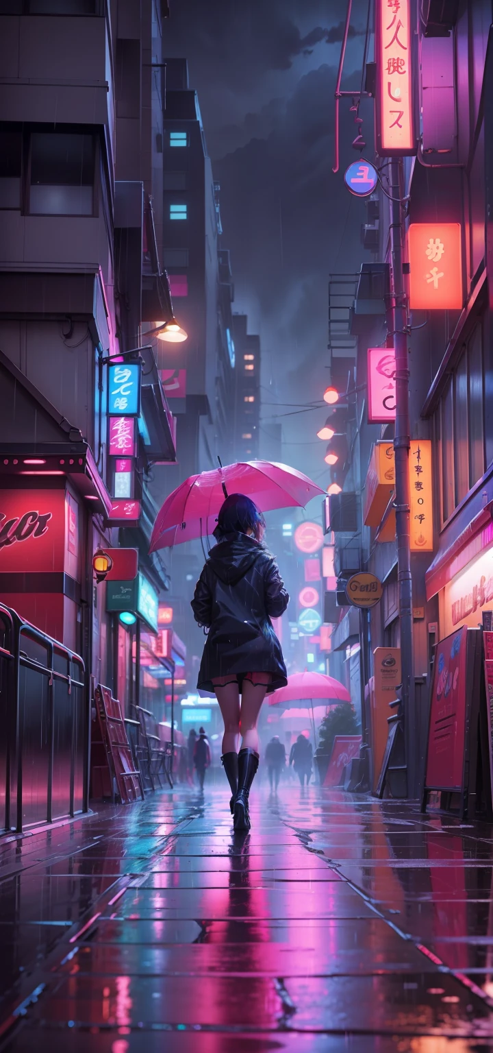 A vibrant, anime-inspired landscape of a rainy cityscape, with bright neon lights reflecting off the wet, unpeopled streets