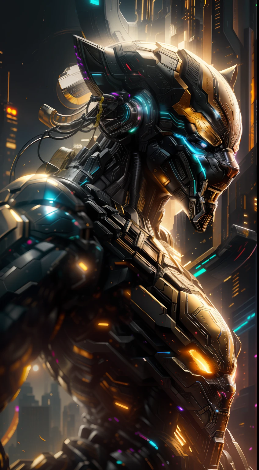 Black panther from Marvel photography, biomechanics, complex robots, gold, full growth, hyper-realistic, crazy little details, incredibly clean lines, cyberpunk aesthetic, masterpiece featured on Zbrush Central
