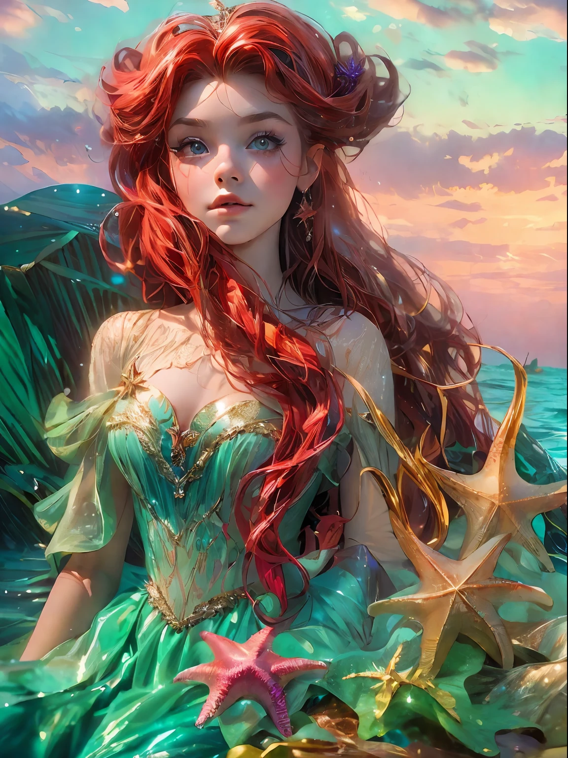 HighestQuali，tmasterpiece：1.2，Detailed details，A 16-year-old woman dressed up as a portrait of Ariel the Little Mermaid of Disney，Exquisite facial features，She held a starfish in her hand，She sits by the sea，There is foam everywhere