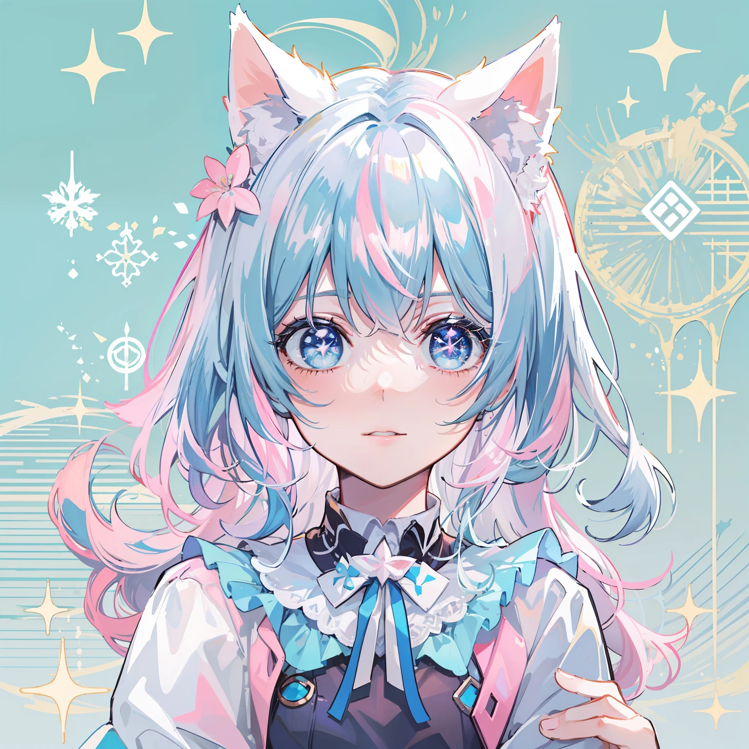 tmasterpiece，Best quality at best，pastelcolor，one-girl，Blue-white gradient hair，dual horsetail，adolable，quadratic element，cat ear