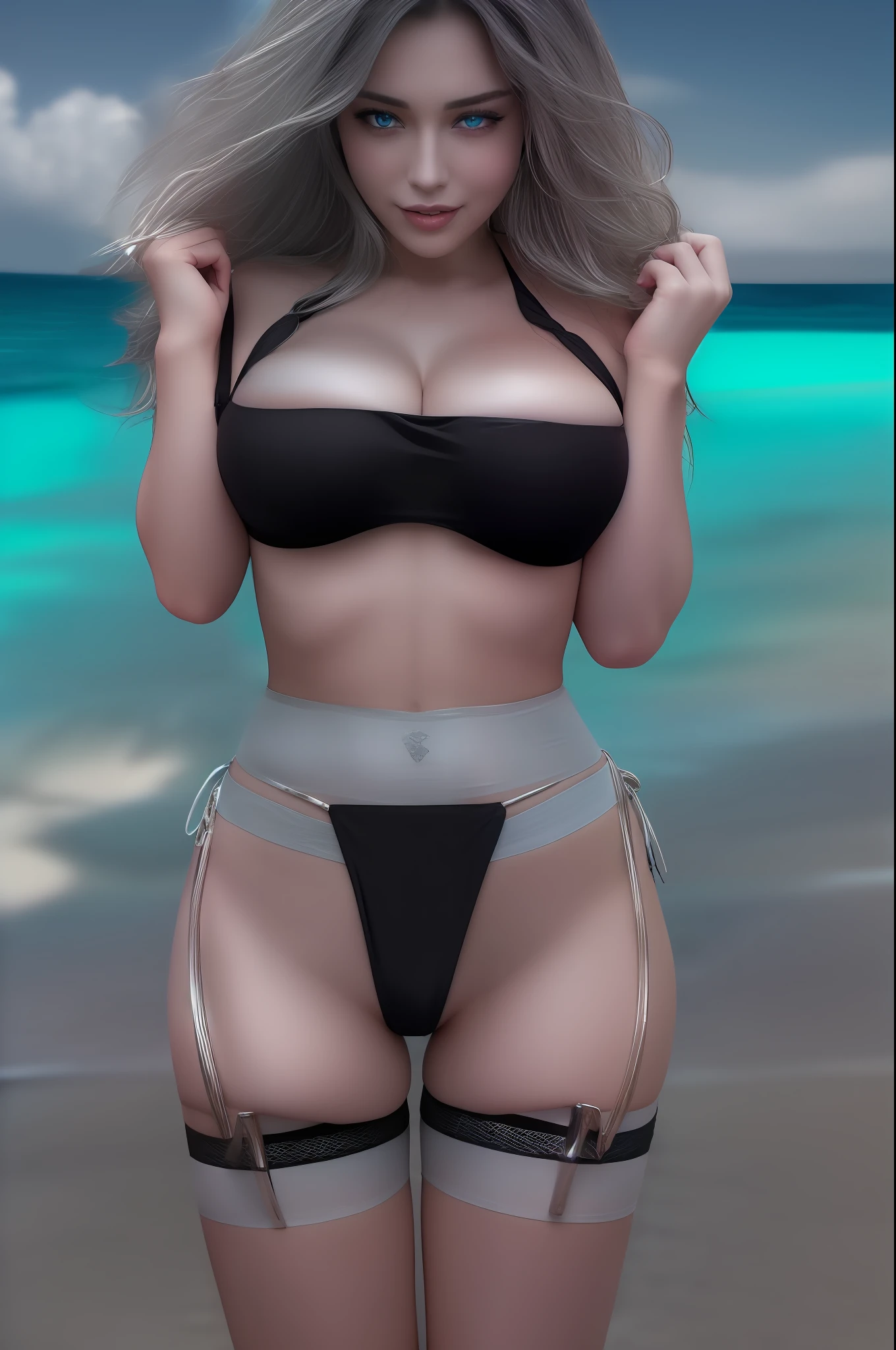 (rear view:1.3) (spoiled:1),(beady big shining blue eyes:1.3), ( black bikini:1.5),(drooping eyes:1.4), (beautiful beach:1.9), (thin lips:1.5),(big breasts:1.5),round face,(innocent:1.5),(silver hair:1.5), (looking at viewer:1),(smiling:1.3),(happy:1.2),lovely,( black garter belt:1.5),(1girl),(open mouth:1.4),(delicate touch),(8k),(4k),(absurdres),perfect lighting,charming,realistic, (sexy pose:1.2), alluring, clean, beautiful face, pure face,pale skin,wet, sweat, Occidental face