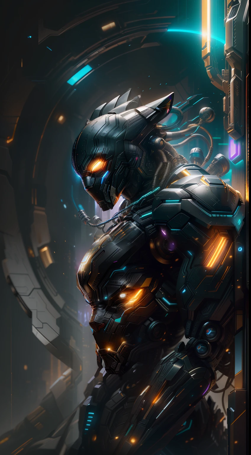 Black panther from Marvel photography, biomechanics, complex robots, gold, full growth, hyper-realistic, crazy little details, incredibly clean lines, cyberpunk aesthetic, masterpiece featured on Zbrush Central