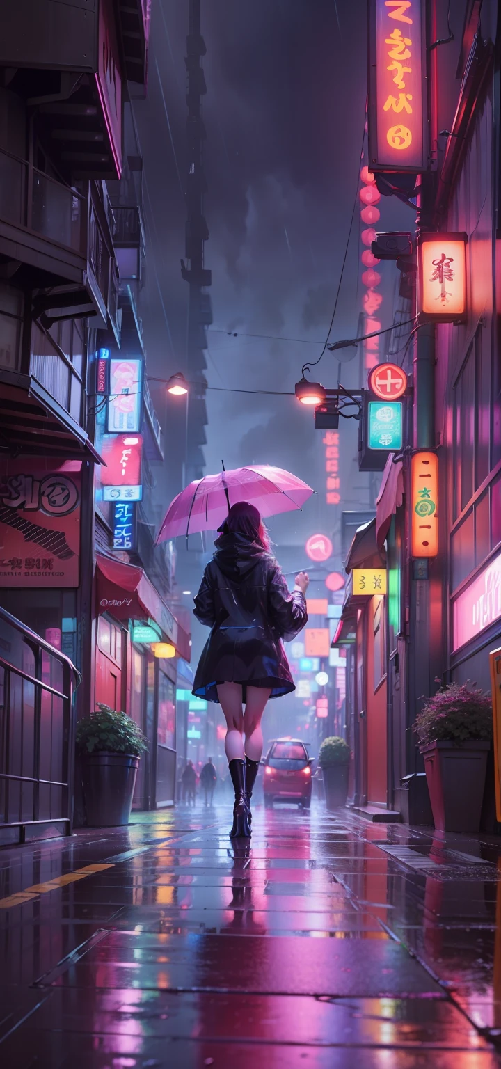 A vibrant, anime-inspired landscape of a rainy cityscape, with bright neon lights reflecting off the wet, unpeopled streets
