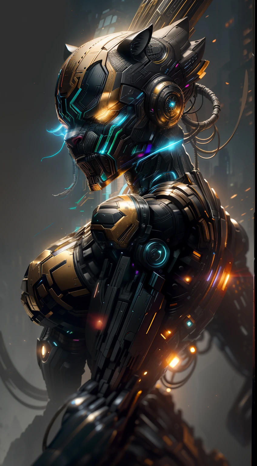 Black panther from Marvel photography, biomechanics, complex robots, gold, full growth, hyper-realistic, crazy little details, incredibly clean lines, cyberpunk aesthetic, masterpiece featured on Zbrush Central