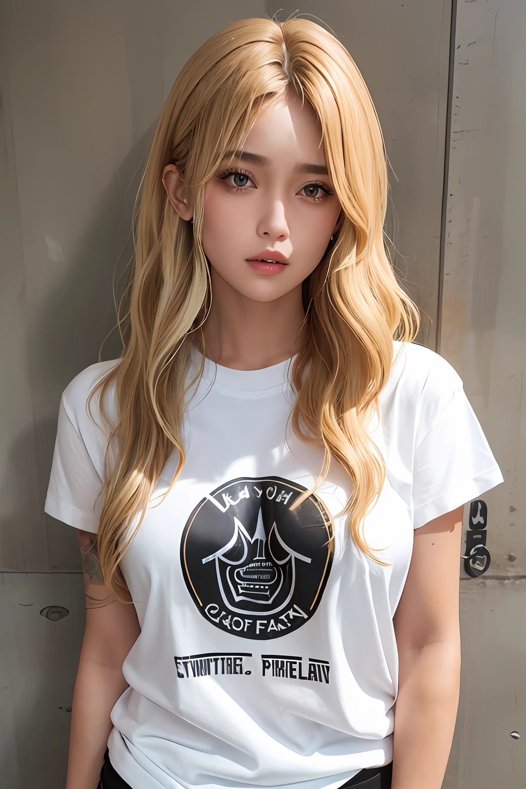 (1girl), tan, dewy skin, sweaty skin, wavy blonde hair, punk tshirt, punk girl