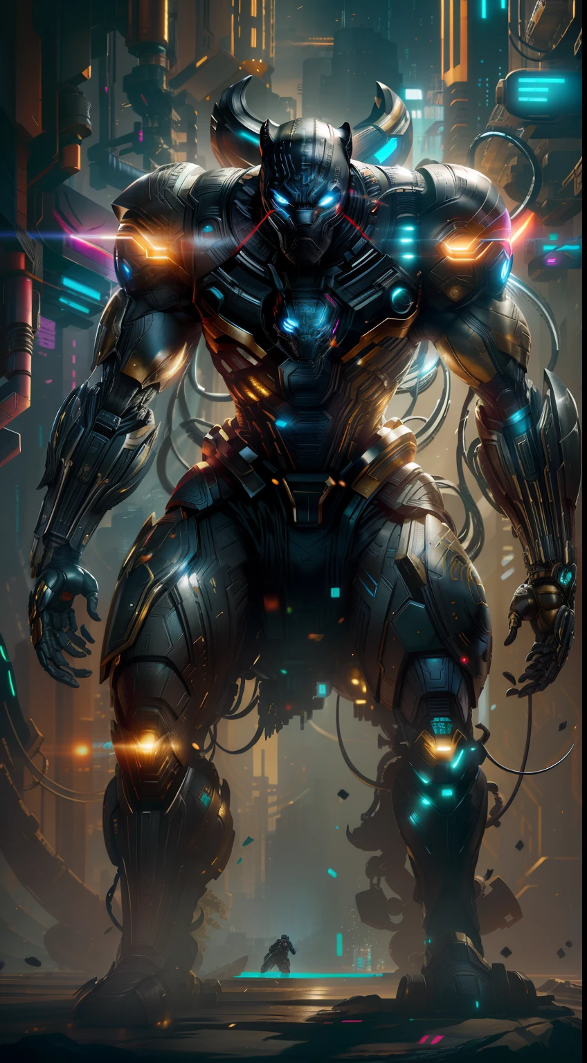 BlackPanther from Marvel photography, biomechanics, complex robots, gold BlackPanther logo, full growth, hyper-realistic, crazy little details, incredibly clean lines, cyberpunk aesthetic, masterpiece featured on Zbrush Central