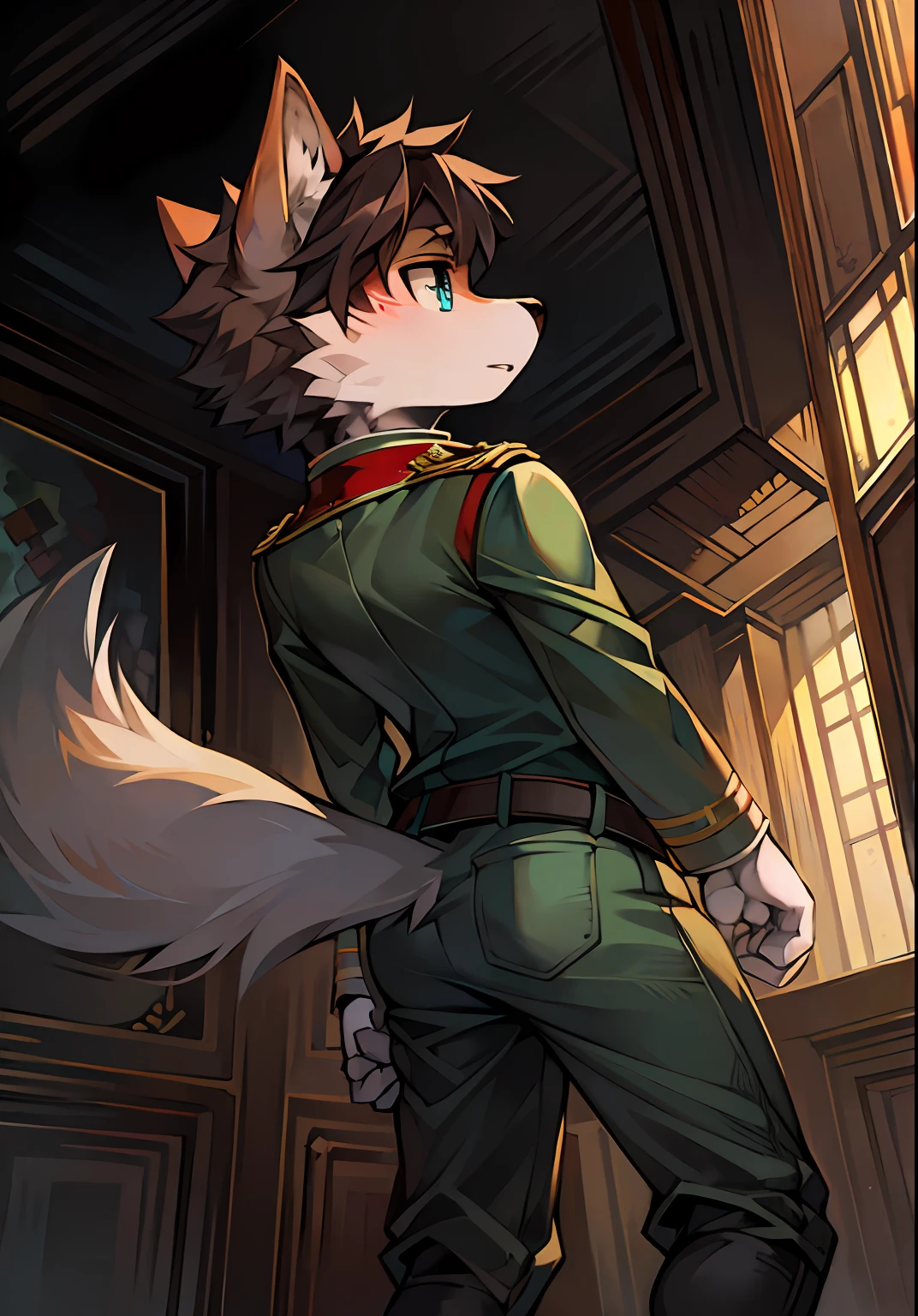 high qulity, A masterpiece, astonishing detail, Dynamic angles,detailed back ground , Cute little wolf in World War I British uniform,Libido boy