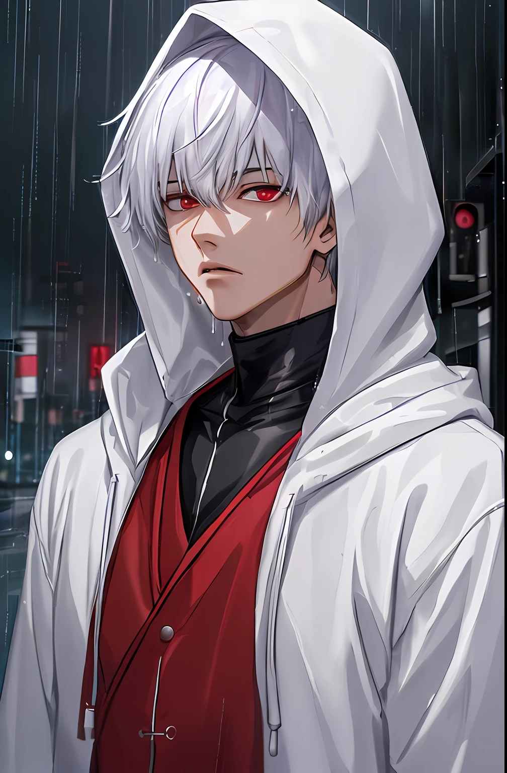 kk, best quality, more details, masterpiece, 1boy, kaneki ken, portrait, male focus, red eyes, solo, bangs, looking at viewer, hood, short hair, rain, tokyo tokyo \(city\), hood up, nail polish, white hair, luxurious, 8k, detailed, ray tracing, depth of field, cinematic lighting,
