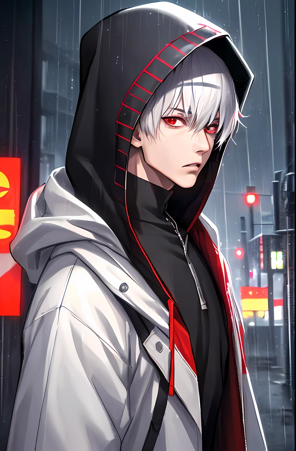 kk, best quality, more details, masterpiece, 1boy, kaneki ken, portrait, male focus, red eyes, solo, bangs, looking at viewer, hood, short hair, rain, tokyo tokyo \(city\),  hood up, nail polish, white hair, luxurious, 8k, detailed, ray tracing, depth of field, cinematic lighting,