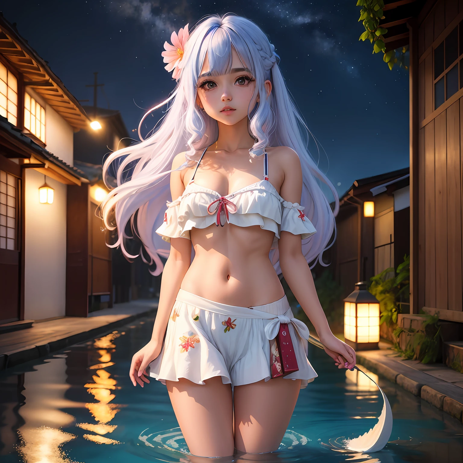 1menina , copo inteiro, seios sexy, lua, lanterna, noite, solo, seios grandes, ornamento de cabelo, molhado, quimono, roupas japonesas, wading, water, cabelo flor, flor, ao ar livre, heaven, lua cheia, chuva, cabelo loiro, fora do ombro, montanha, nuvem, segurando, ombros nus, standingn, quimono branco, night sky, sideboob, obi, roupas molhadas, franja, tree, de lado, reflexo, cabelo longo, clouded skies, cabelo molhado ((obra-prima), (extremamente detalhado CG unidade 8k papel de parede), melhor qualidade, , solo, 1girl, cinematic lighthing, fundo detalhado, belos olhos azuis detalhados, pupilas brilhantes, (um extremamente delicado e bonito), (description of beautiful and detailed eyes), ultra-detalhado, obra-prima,)),
