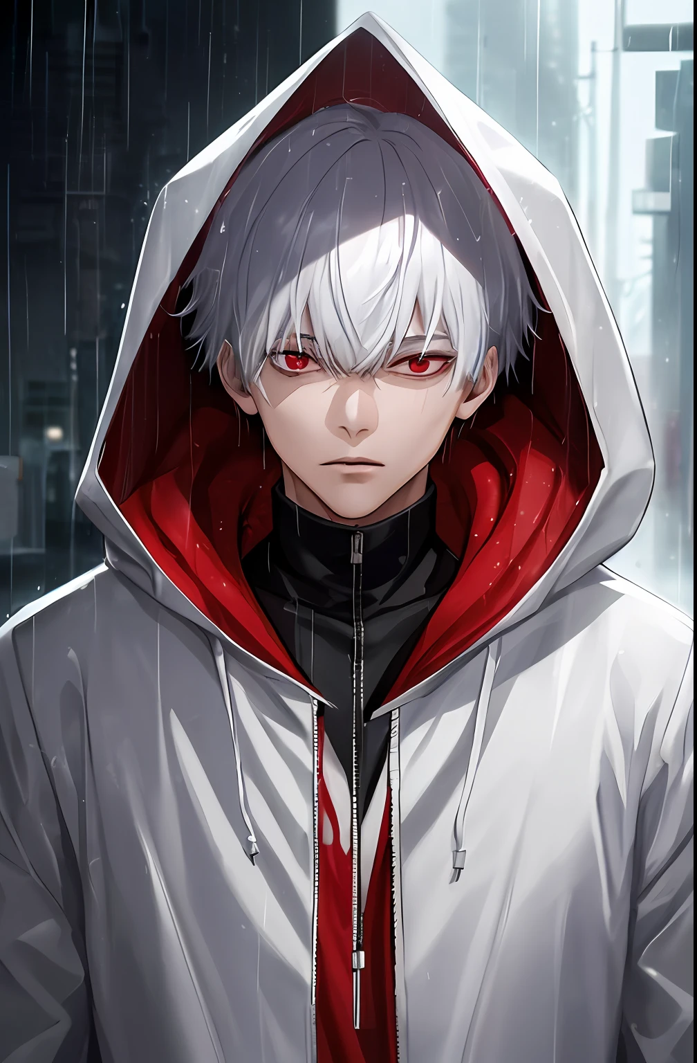 kk, best quality, more details, masterpiece, 1boy, kaneki ken, portrait, male focus, red eyes, solo, bangs, looking at viewer, hood, short hair, rain, tokyo tokyo \(city\), hood up, nail polish, white hair, luxurious, 8k, detailed, ray tracing, depth of field, cinematic lighting,