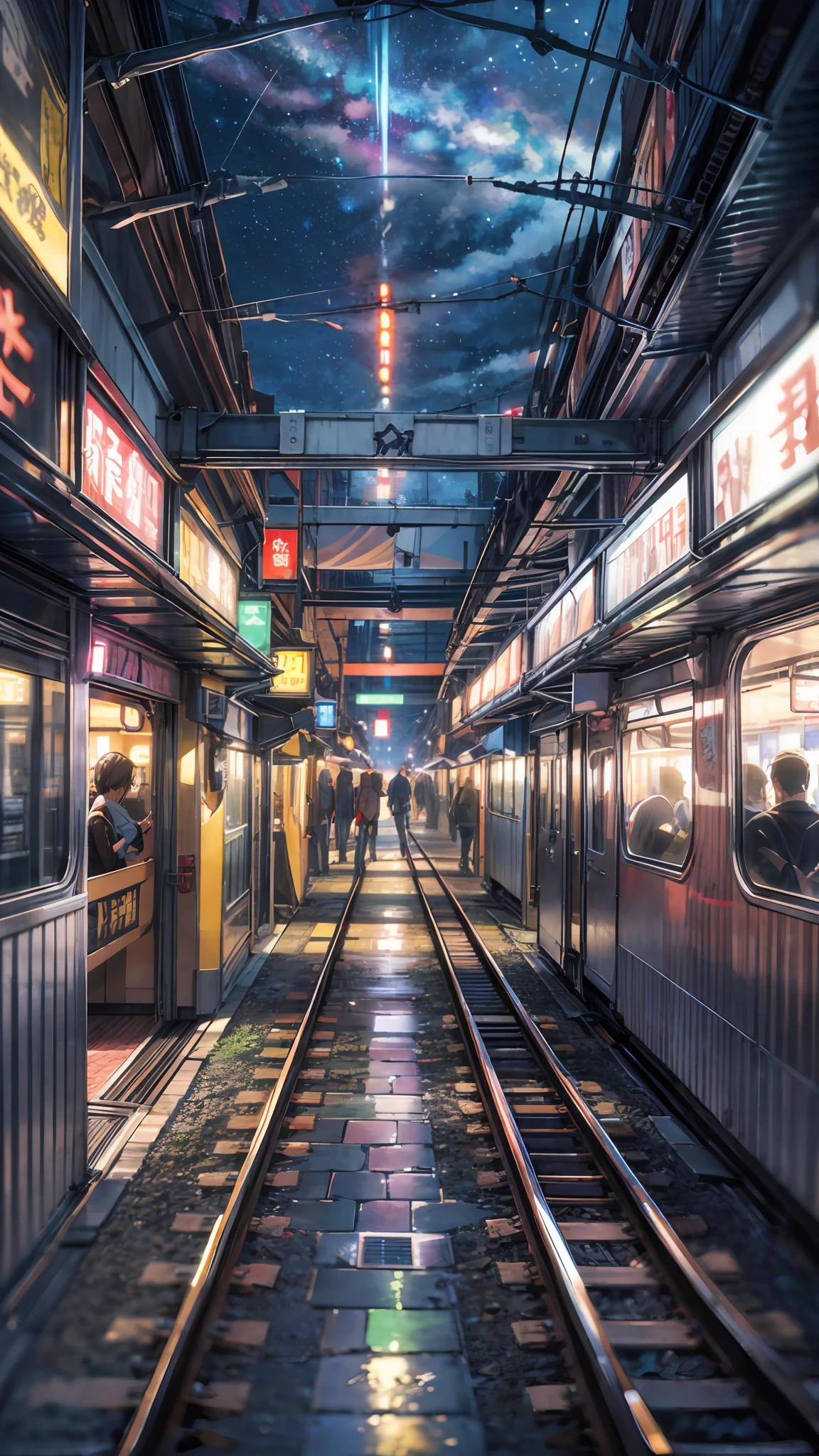 High quality masterpiece, landscape, anime train passing through bodies of water on tracks, bright starry sky. BREAK Romantic train, pixiv, concept art, lofi art style, reflection. by Makoto Shinkai, lofi art, Beautiful anime scene, BREAK Anime landscape, detailed scenery —width 672, in style of Makoto shinkai, style of Makoto shinkai, enhanced details, BREAK,Detailed,Realistic,4k highly detailed digital art,octane render, bioluminescent, BREAK 8K resolution concept art, realism,by Mappa studios,masterpiece,best quality,official art,illustration,ligne claire,(cool_color),perfect composition,absurdres, fantasy,focused,rule of thirds