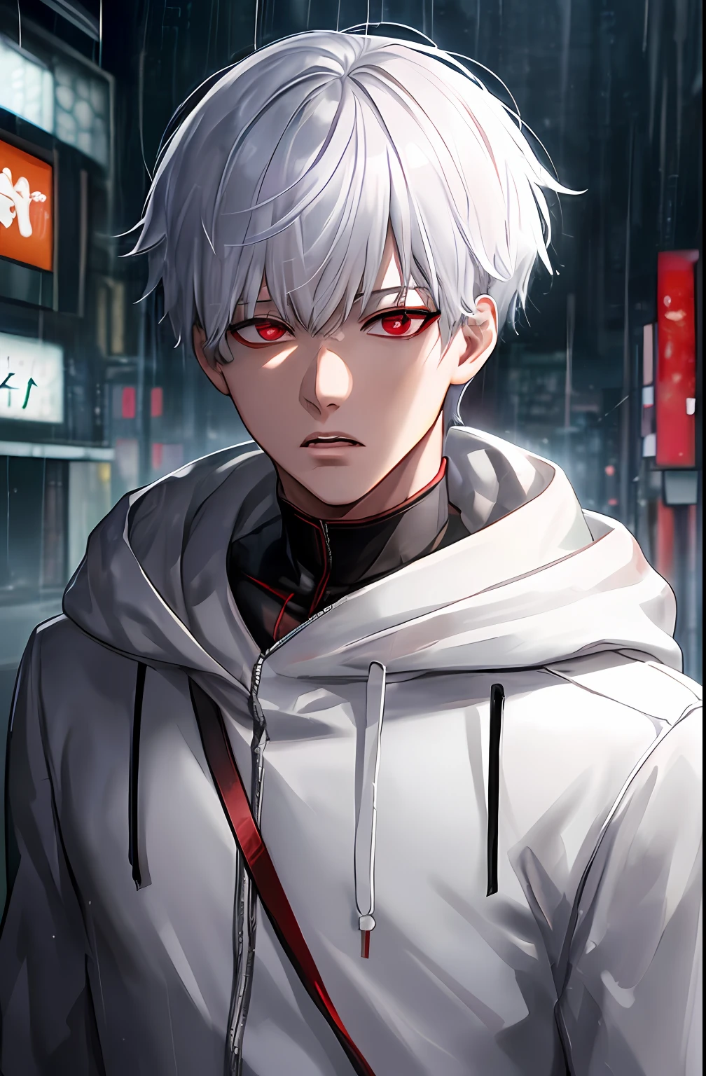 kk, best quality, more details, masterpiece, 1boy, kaneki ken, portrait, male focus, red eyes, solo, bangs, looking at viewer, hood, short hair, rain, tokyo tokyo \(city\), hood up, nail polish, white hair, luxurious, 8k, detailed, ray tracing, depth of field, cinematic lighting,