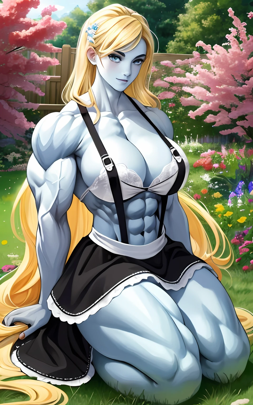 (1girll), huge tit, Breasts, Conque, Moisturizes skin, ,trpical garden , Maid outfit, s girl,realistic illumination,top Quority,8K,tmasterpiece,Muscular female,Muscular,Abs,(Blonde hair), (Blue skin:1.4),Claws,Kneeling pose,Suspenders