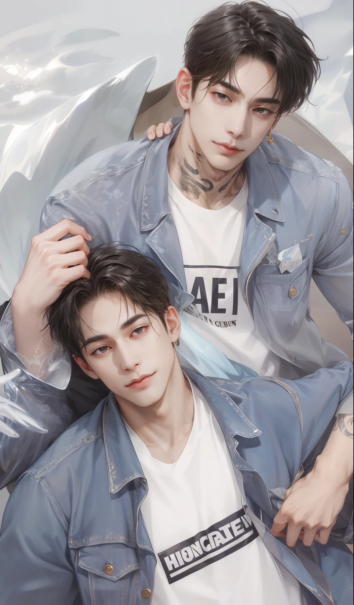 (absurdres, highres, ultra detailed), 1man hug 1man, (((multiple boys))), mature, love, hug, upper body, gold and black hair, brown open eyes 1 man has a tattoo on neck