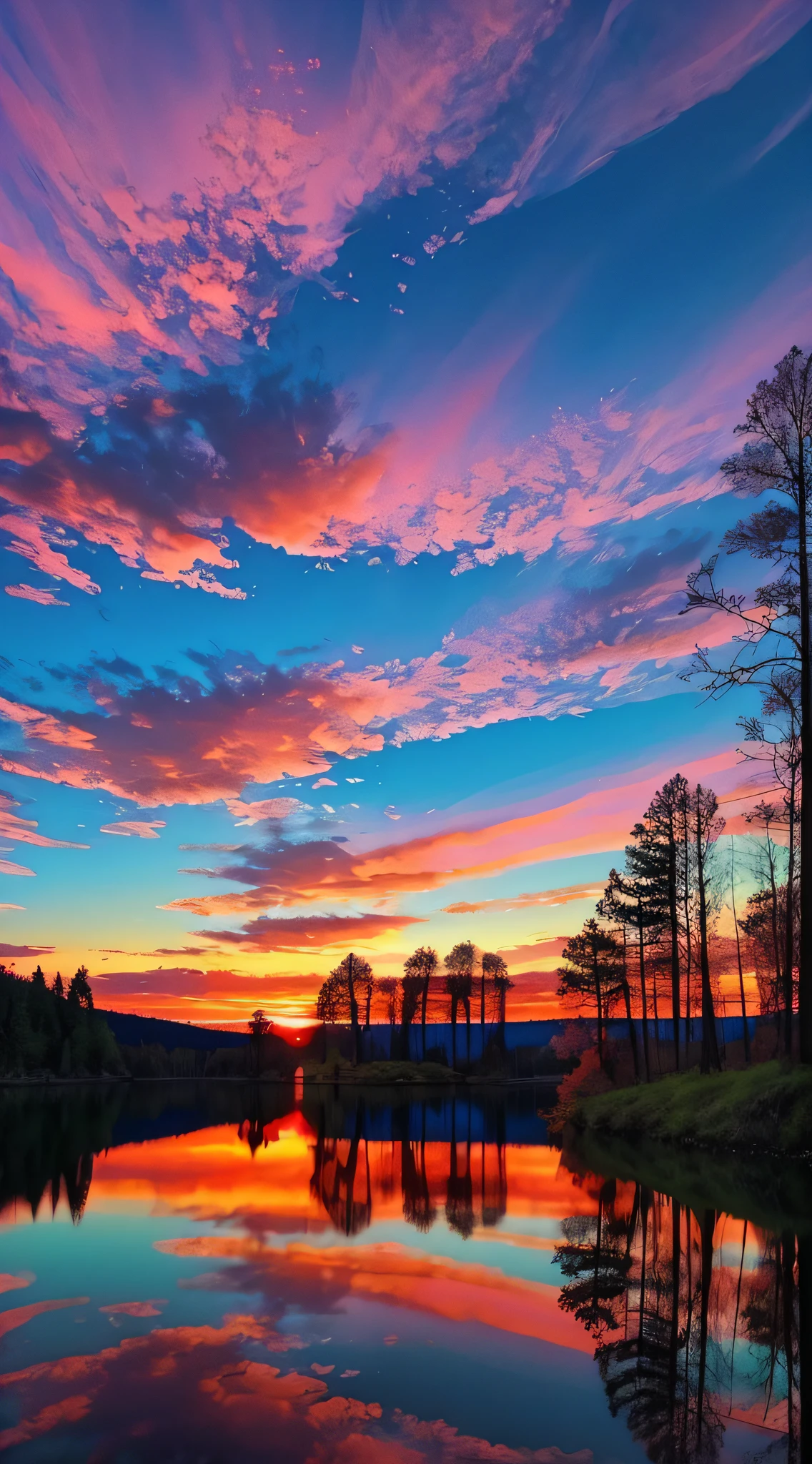 there is a beautiful sunset with a lake and trees in the background, colorful skies, surreal colors, colorful sunset, colorful sky, marvellous reflection of the sky, stunning sky, dream like atmosphere 8k, colorful clouds, colors reflecting on lake, surreal sky, red and blue reflections, fire reflection, beautiful sky, beautiful and spectacular dusk, beautiful dreamy landscape, amazing sky