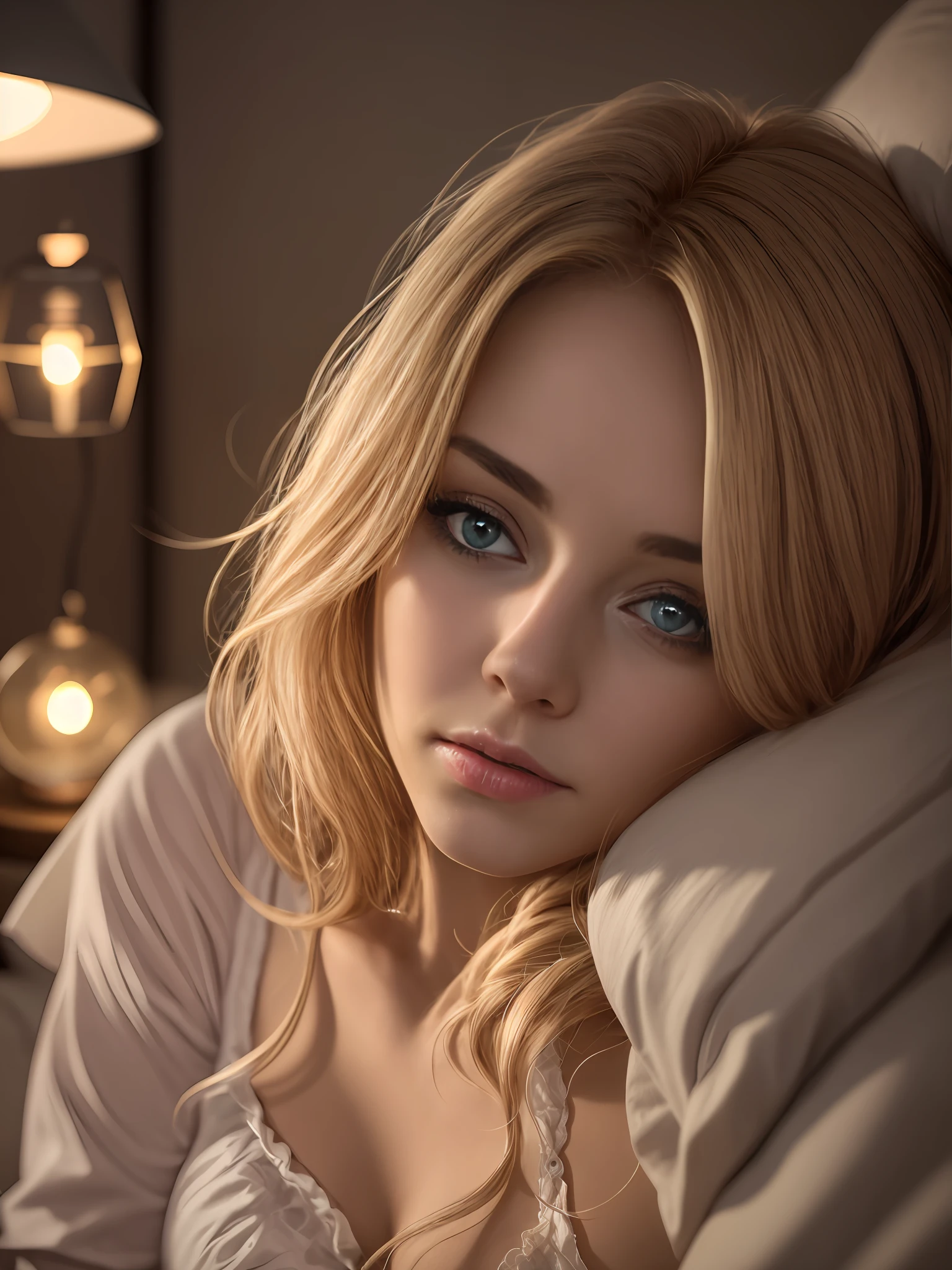 woman with insomnia, lying in bed, eyes open, medium breasts, penumbra, lamp light, illuminated face, nostalgic atmosphere, ultra definition image, realistic photo, 8k --auto --s2