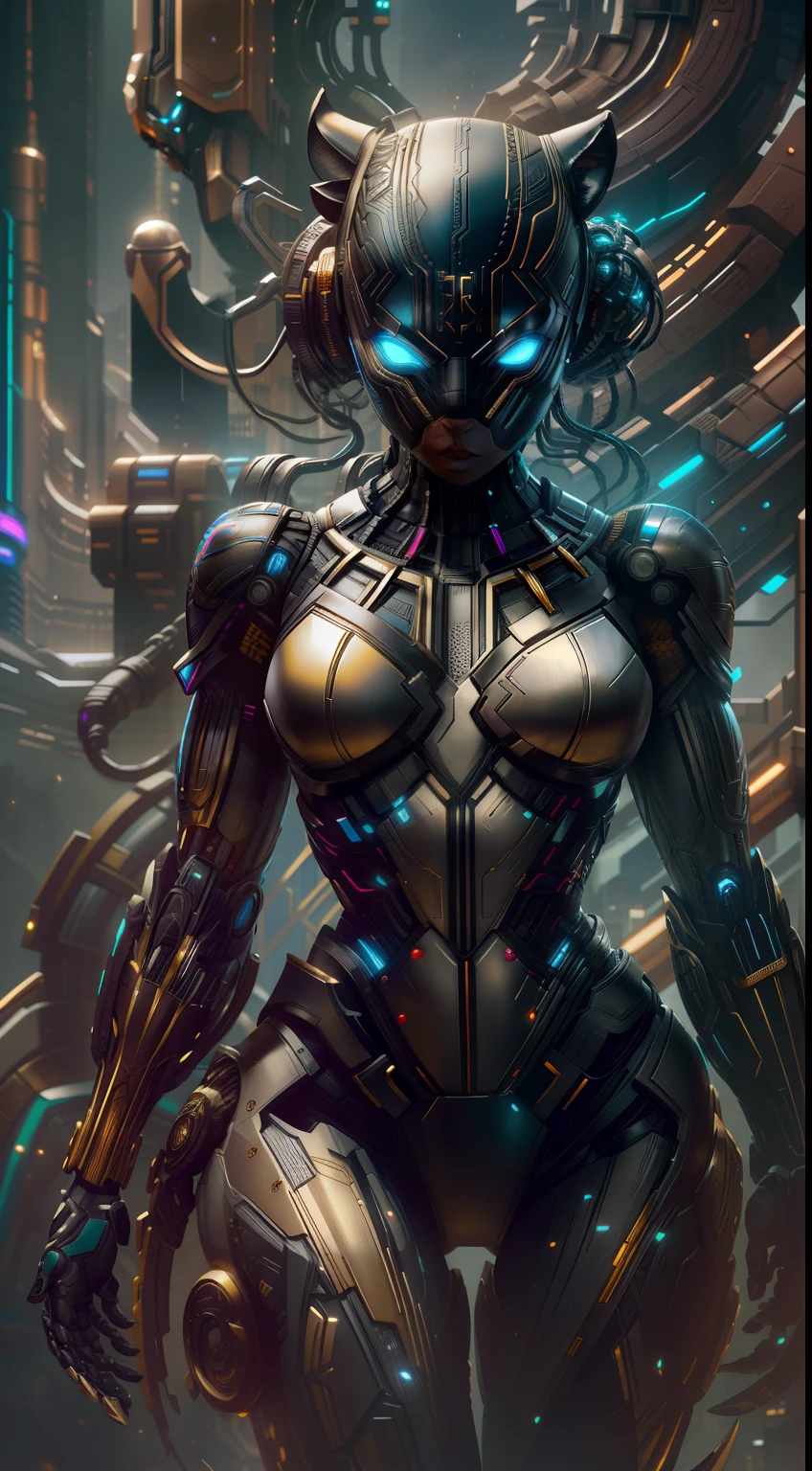 BlackPanther girl from Marvel photography, biomechanics, complex robots, gold BlackPanther logo, full growth, hyper-realistic, crazy little details, incredibly clean lines, cyberpunk aesthetic, masterpiece featured on Zbrush Central
