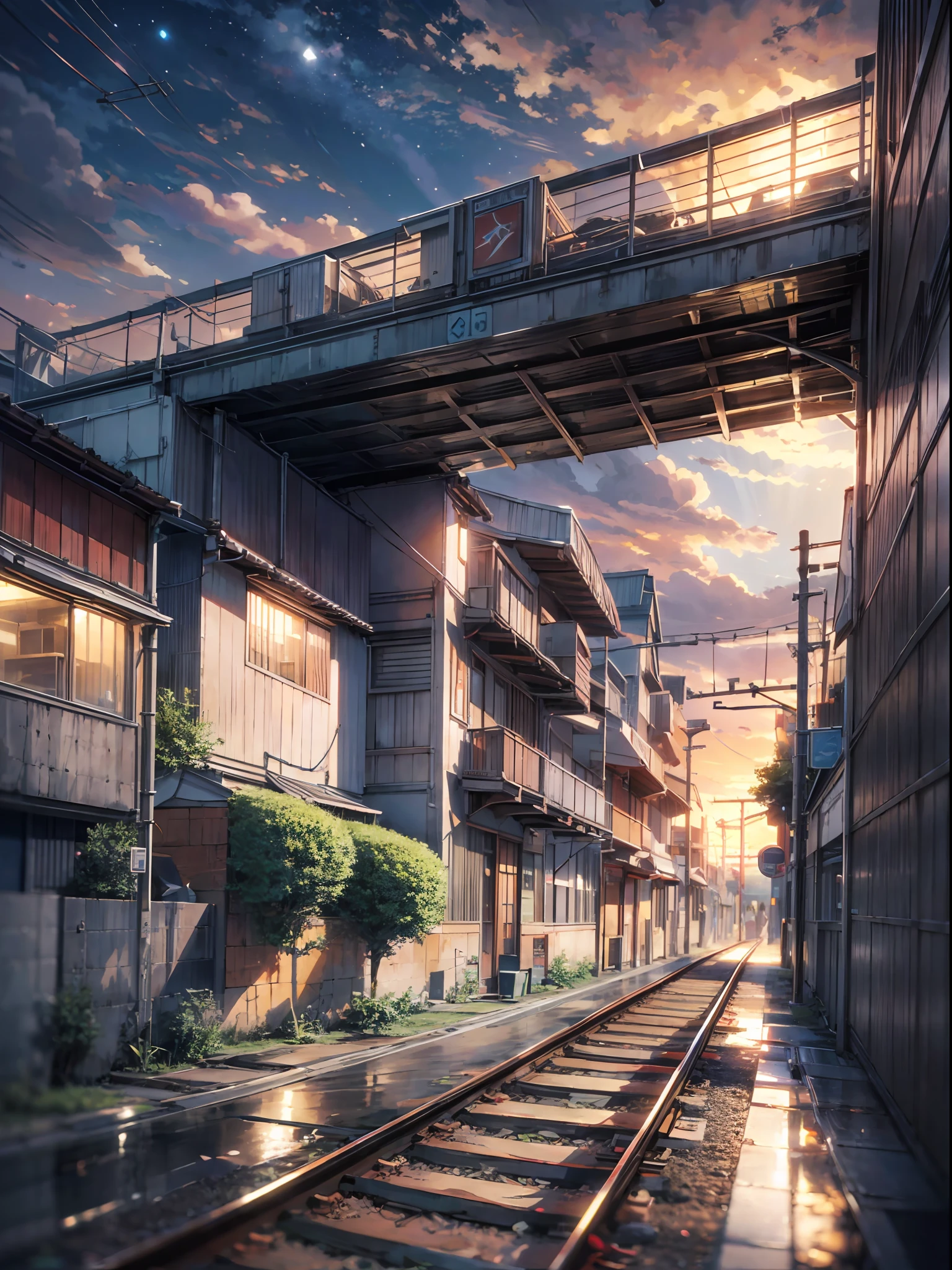 High quality masterpiece, landscape, anime train passing through bodies of water on tracks, bright starry sky. BREAK Romantic train, pixiv, concept art, lofi art style, reflection. by Makoto Shinkai, lofi art, Beautiful anime scene, BREAK Anime landscape, detailed scenery —width 672, in style of Makoto shinkai, style of Makoto shinkai, enhanced details, BREAK,Detailed,Realistic,4k highly detailed digital art,octane render, bioluminescent, BREAK 8K resolution concept art, realism,by Mappa studios,masterpiece,best quality,official art,illustration,ligne claire,(cool_color),perfect composition,absurdres, fantasy,focused,rule of thirds