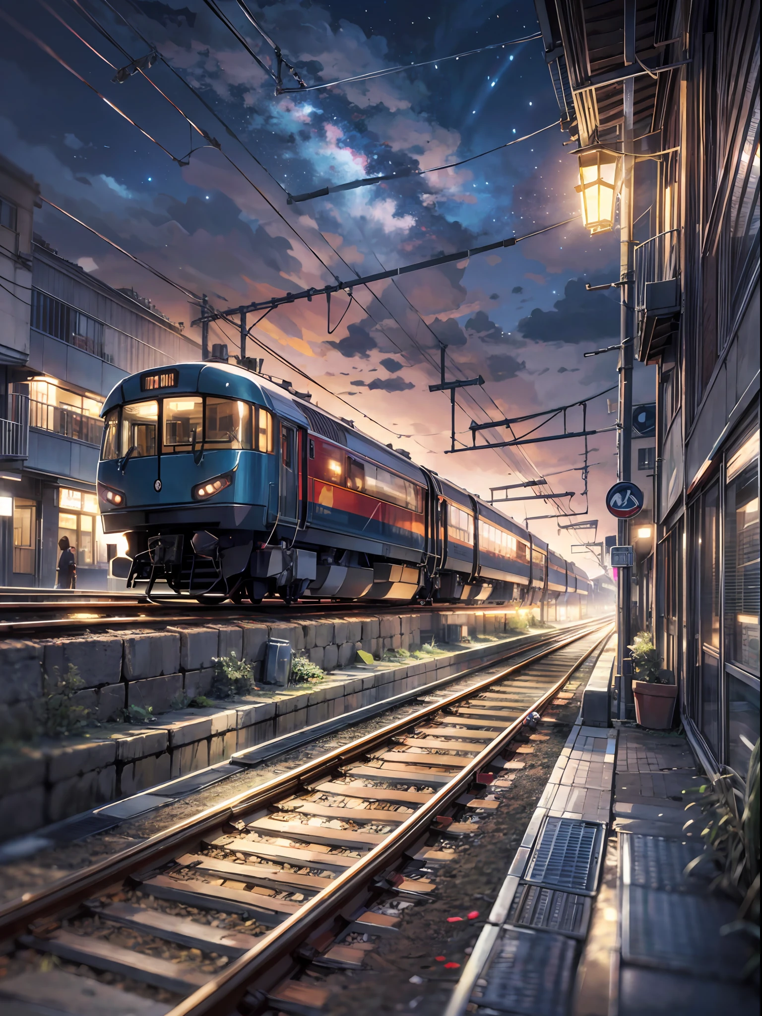 High quality masterpiece, landscape, anime train passing through bodies of water on tracks, bright starry sky. BREAK Romantic train, pixiv, concept art, lofi art style, reflection. by Makoto Shinkai, lofi art, Beautiful anime scene, BREAK Anime landscape, detailed scenery —width 672, in style of Makoto shinkai, style of Makoto shinkai, enhanced details, BREAK,Detailed,Realistic,4k highly detailed digital art,octane render, bioluminescent, BREAK 8K resolution concept art, realism,by Mappa studios,masterpiece,best quality,official art,illustration,ligne claire,(cool_color),perfect composition,absurdres, fantasy,focused,rule of thirds